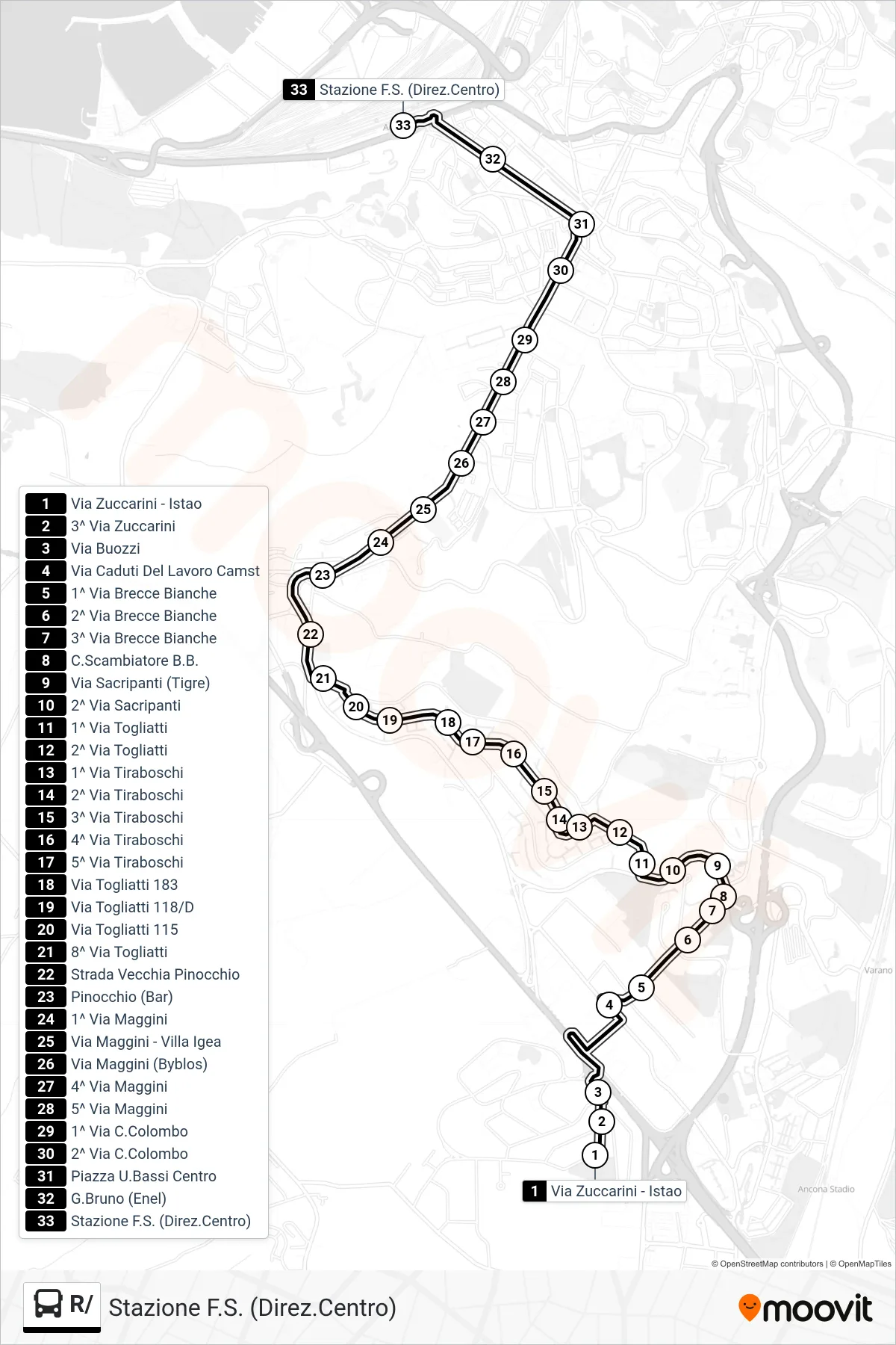 Linea R/  bus (Stazione F.S. (Direz.Centro)) - Percorsi e fermate sulla mappa