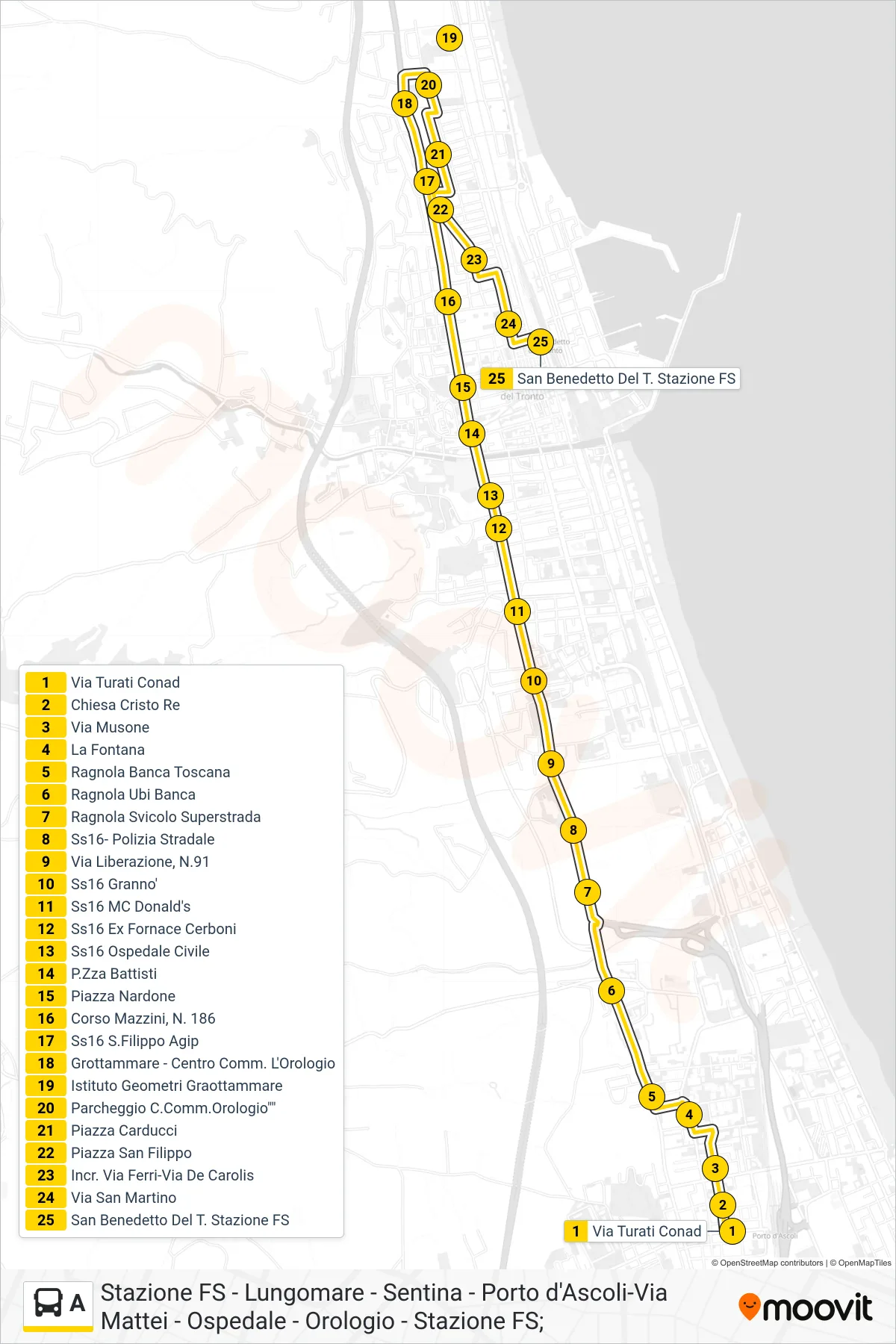 Linea A  bus (San Benedetto Del T. Stazione FS) - Percorsi e fermate sulla mappa