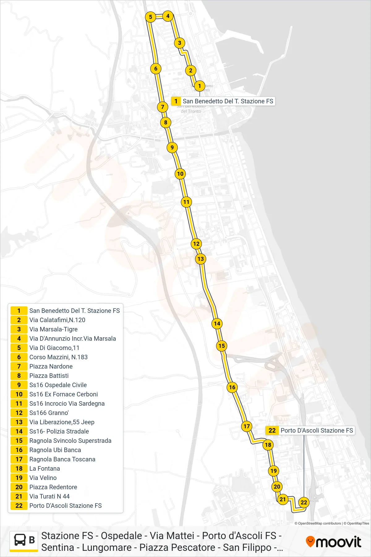 Linea B bus (Porto D'Ascoli Stazione FS) - Percorsi e fermate sulla mappa