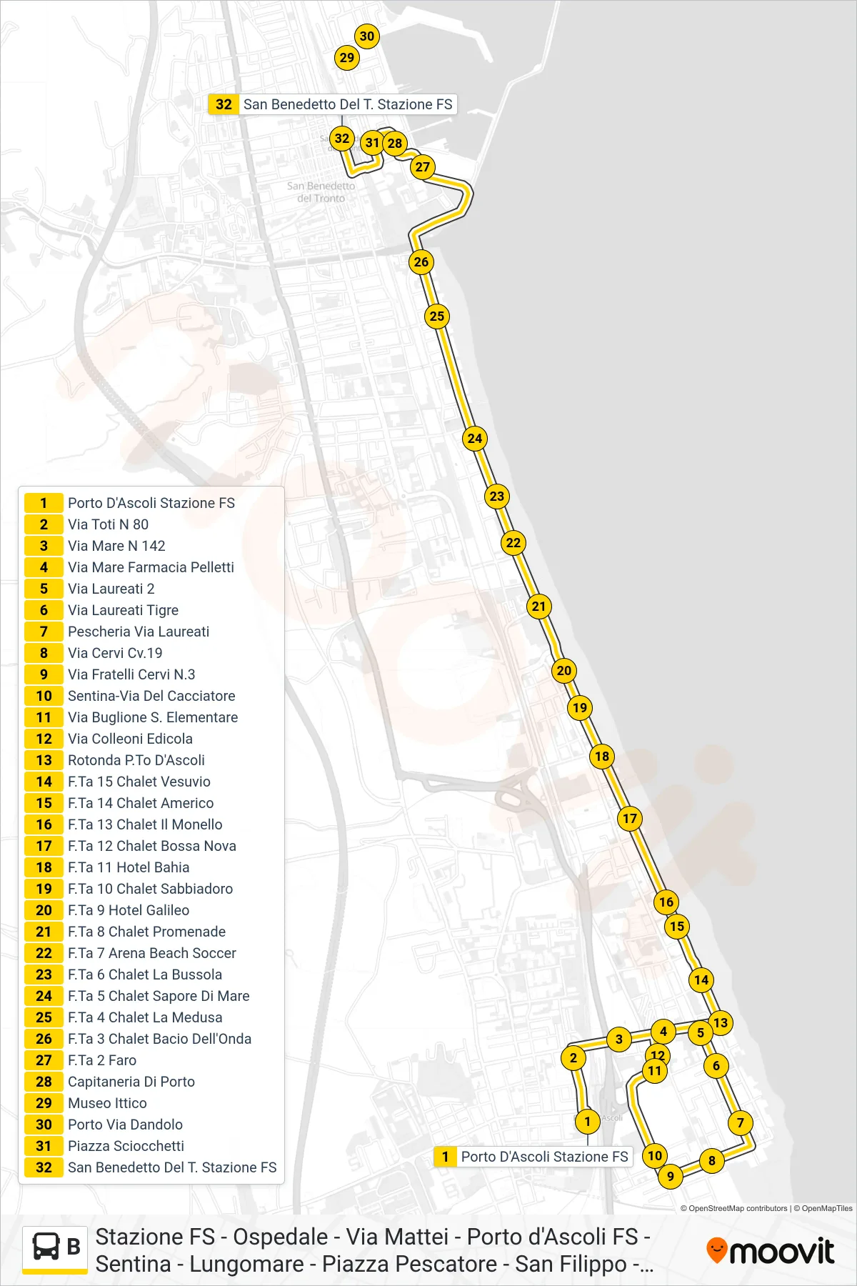 Linea B bus (San Benedetto Del T. Stazione FS) - Percorsi e fermate sulla mappa