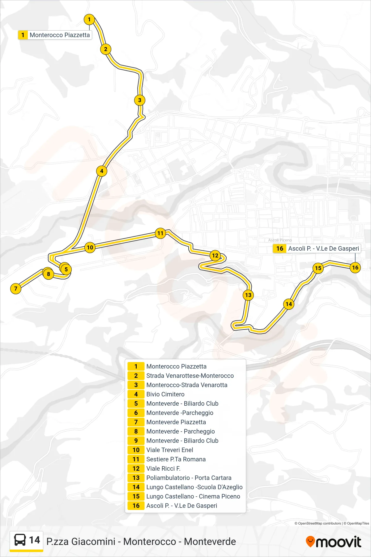 Linea 14 bus (Ascoli P. - V.Le De Gasperi) - Percorsi e fermate sulla mappa