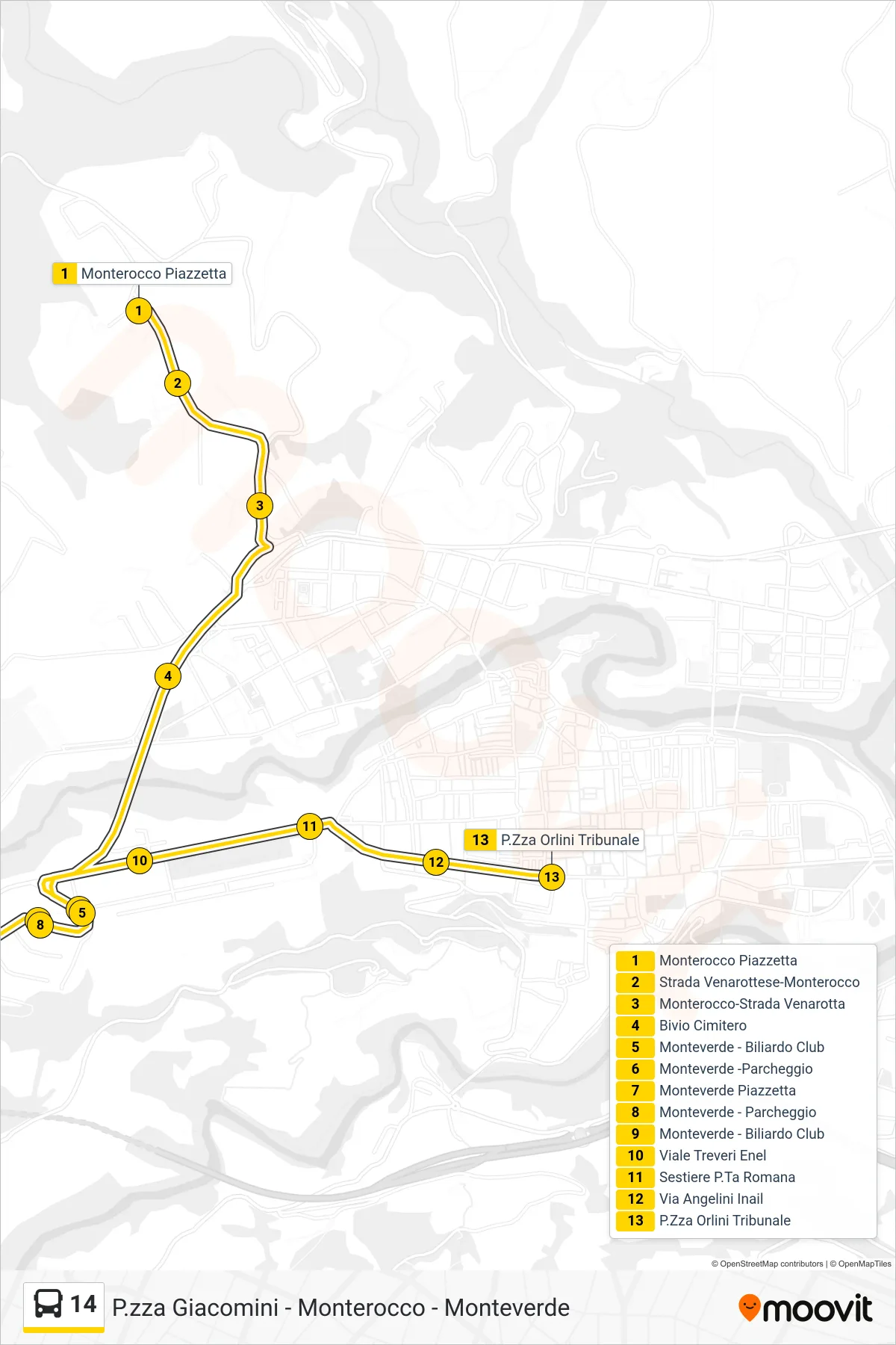 Linea 14 bus (P.Zza Orlini Tribunale) - Percorsi e fermate sulla mappa