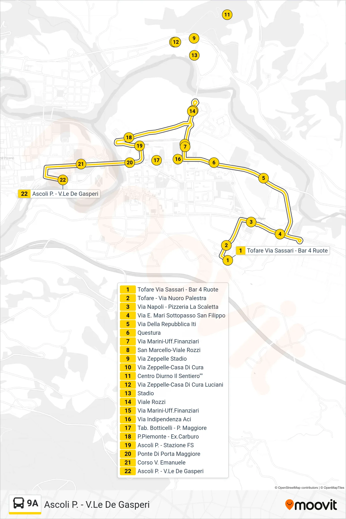 Linea 9A bus (Ascoli P. - V.Le De Gasperi) - Percorsi e fermate sulla mappa
