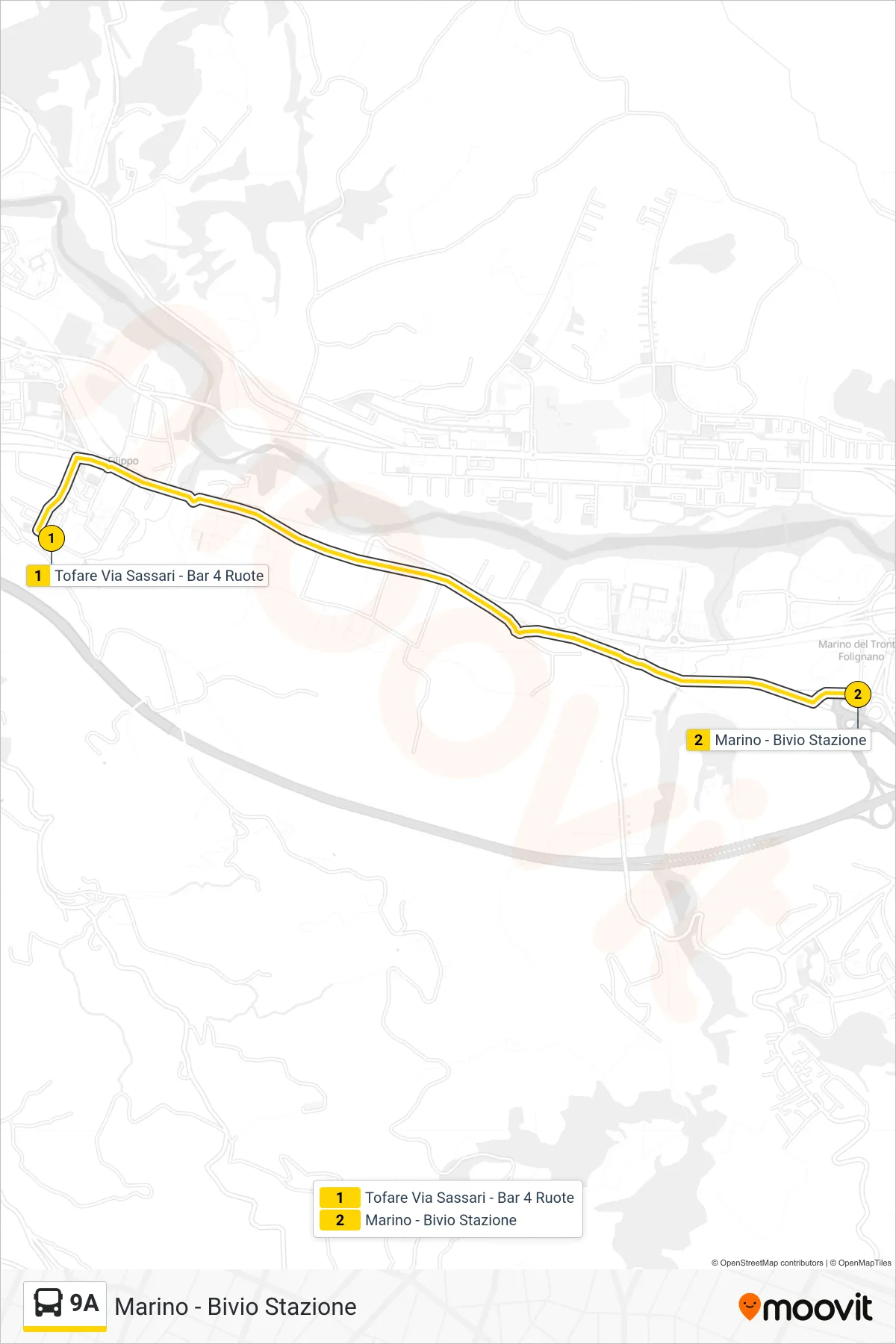 Linea 9A  bus (Marino - Bivio Stazione) - Percorsi e fermate sulla mappa