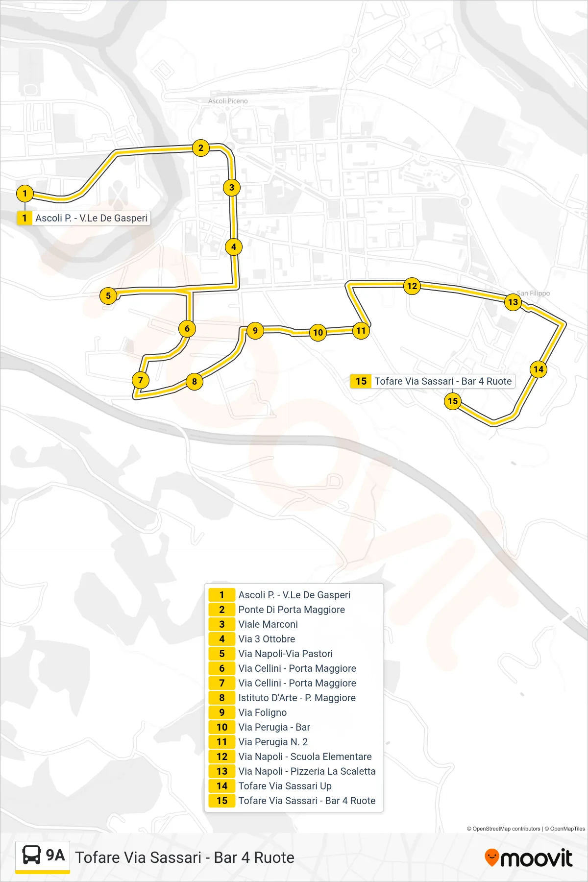 Linea 9A  bus (Tofare Via Sassari - Bar 4 Ruote) - Percorsi e fermate sulla mappa
