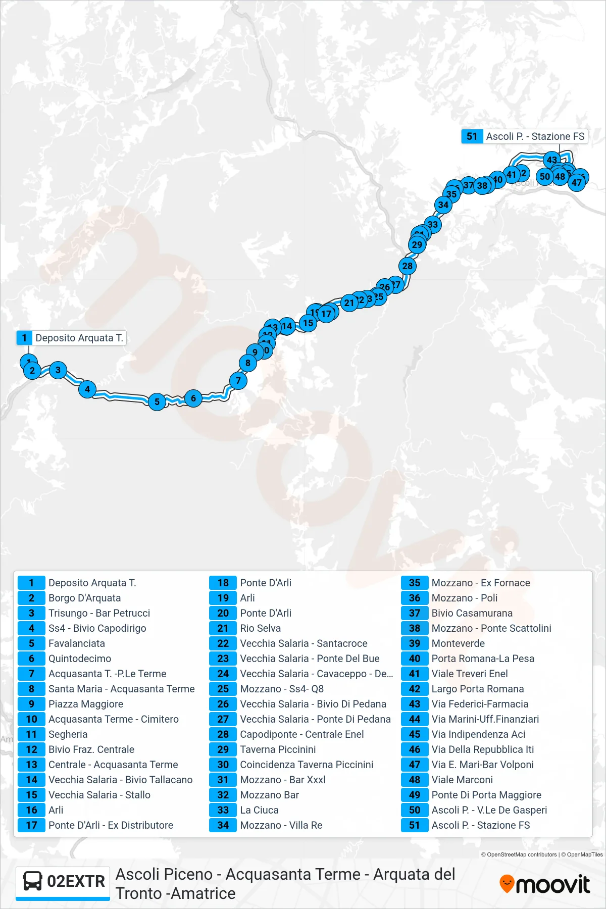 Linea 02EXTR bus (Ascoli P. - Stazione FS) - Percorsi e fermate sulla mappa