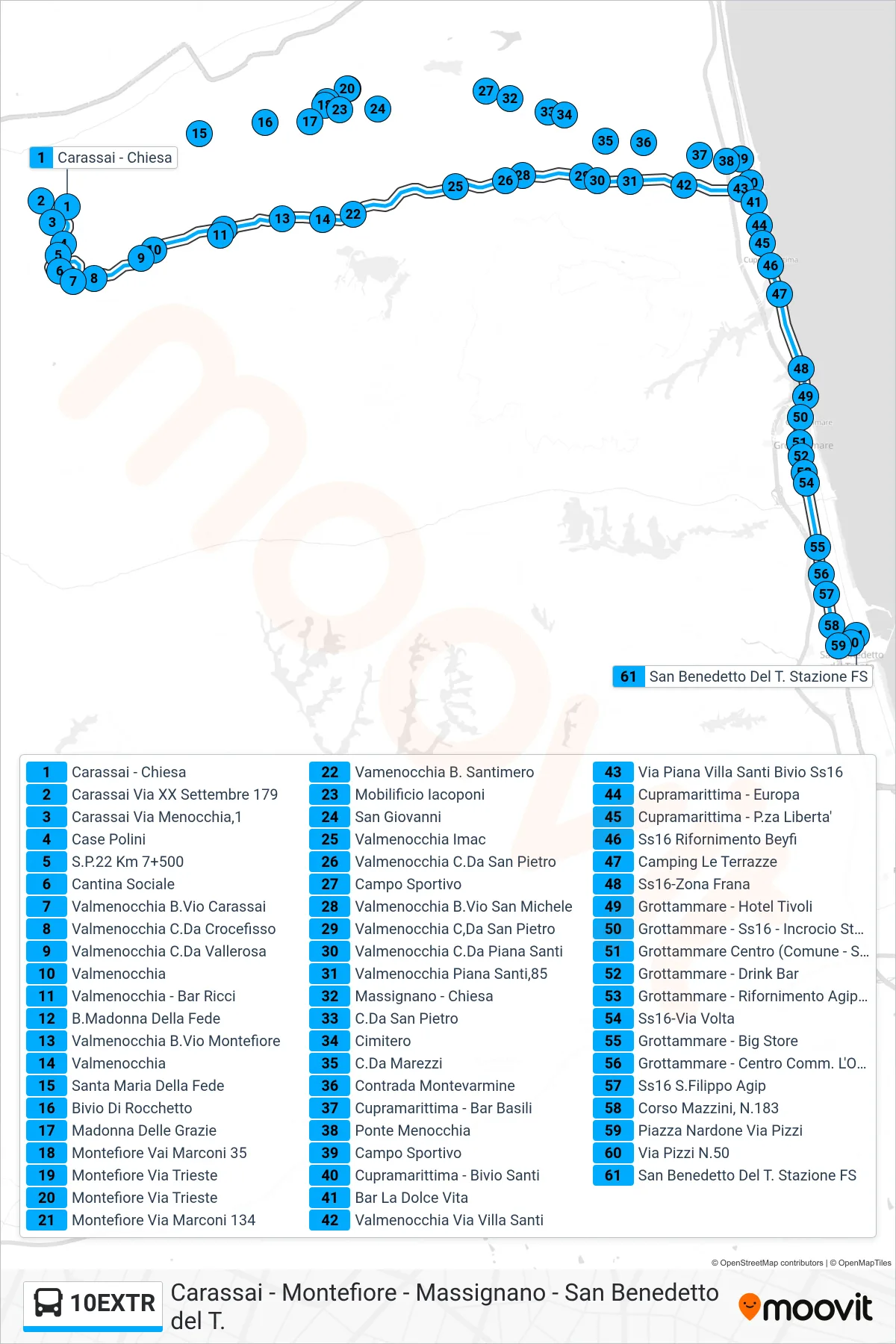 Linea 10EXTR bus (San Benedetto Del T. Stazione FS) - Percorsi e fermate sulla mappa