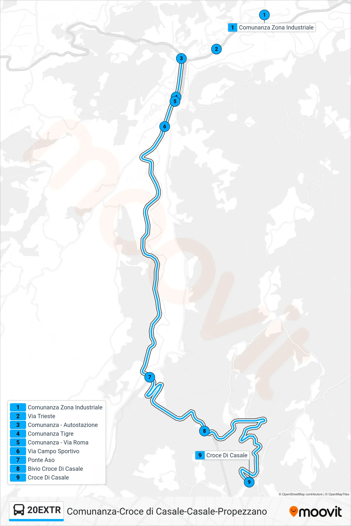 Linea 20EXTR  bus (Croce Di Casale) - Percorsi e fermate sulla mappa
