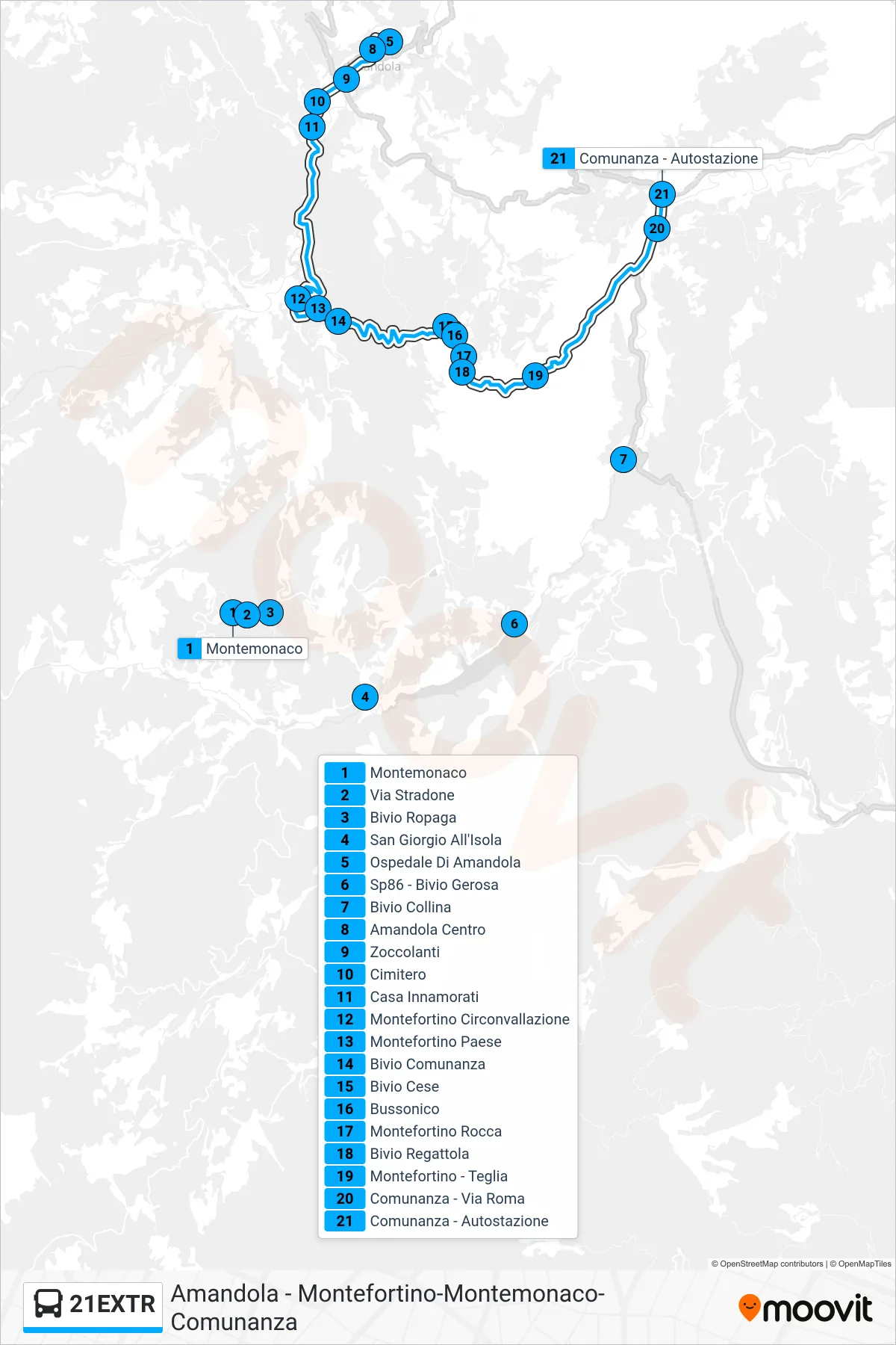 Linea 21EXTR bus (Comunanza - Autostazione) - Percorsi e fermate sulla mappa