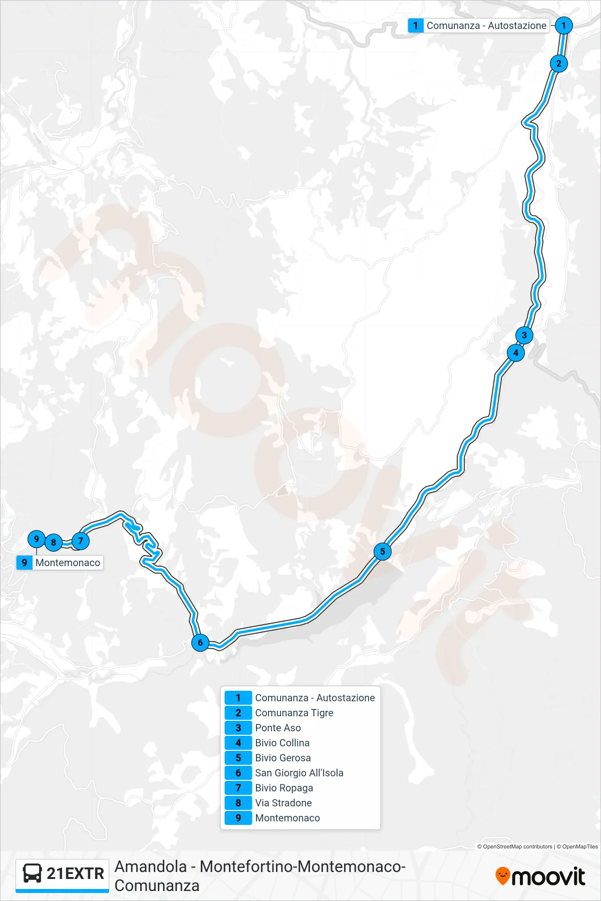 Linea 21EXTR bus (Montemonaco) - Percorsi e fermate sulla mappa