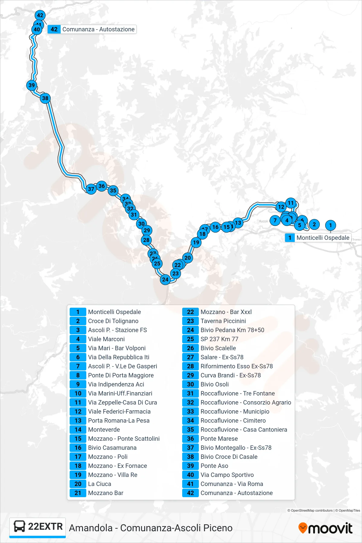 Linea 22EXTR  bus (Comunanza - Autostazione) - Percorsi e fermate sulla mappa