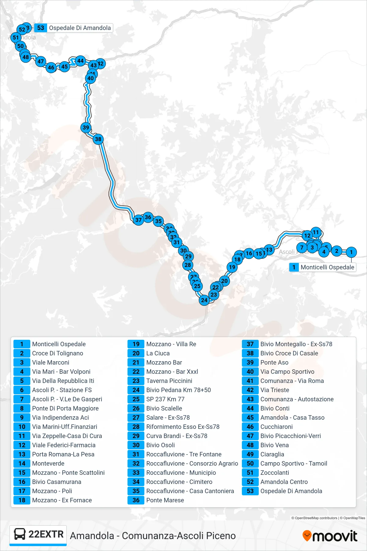 Linea 22EXTR  bus (Ospedale Di Amandola) - Percorsi e fermate sulla mappa