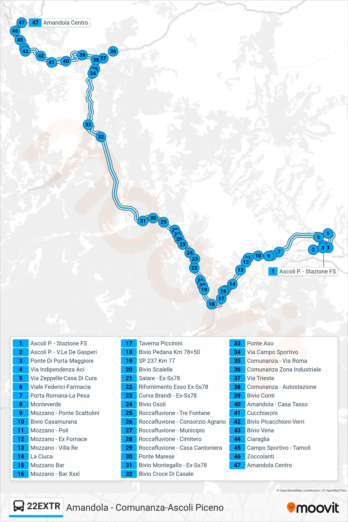 Linea 22EXTR  bus (Amandola Centro) - Percorsi e fermate sulla mappa