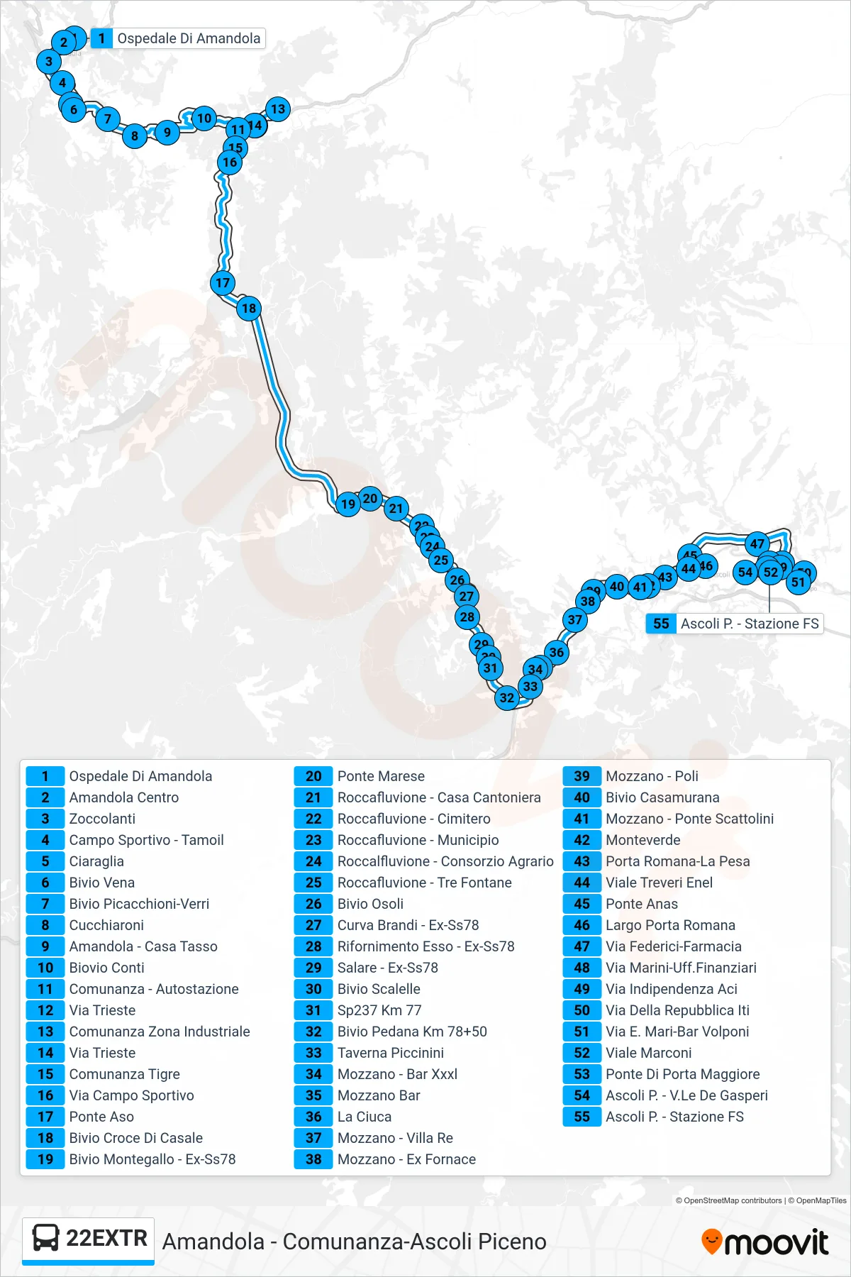 Linea 22EXTR bus (Ascoli P. - Stazione FS) - Percorsi e fermate sulla mappa