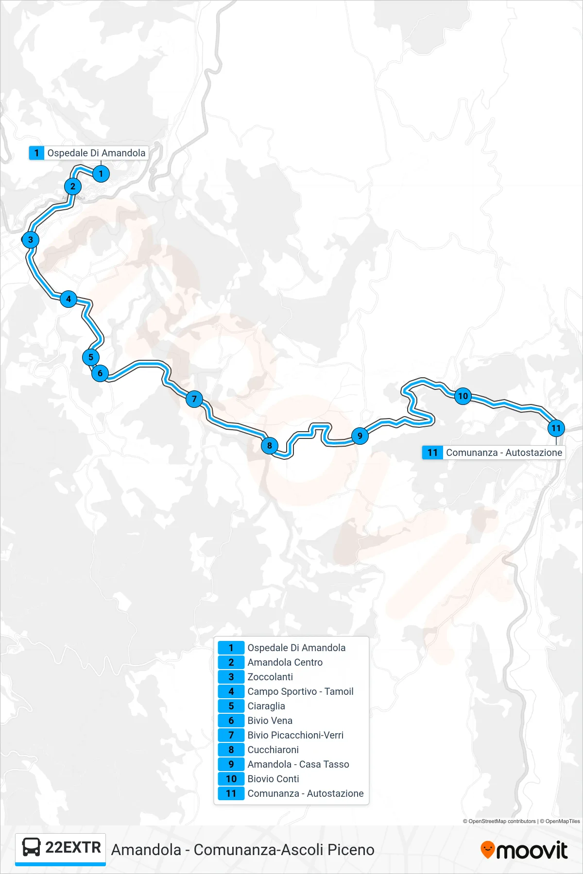 Linea 22EXTR bus (Comunanza - Autostazione) - Percorsi e fermate sulla mappa