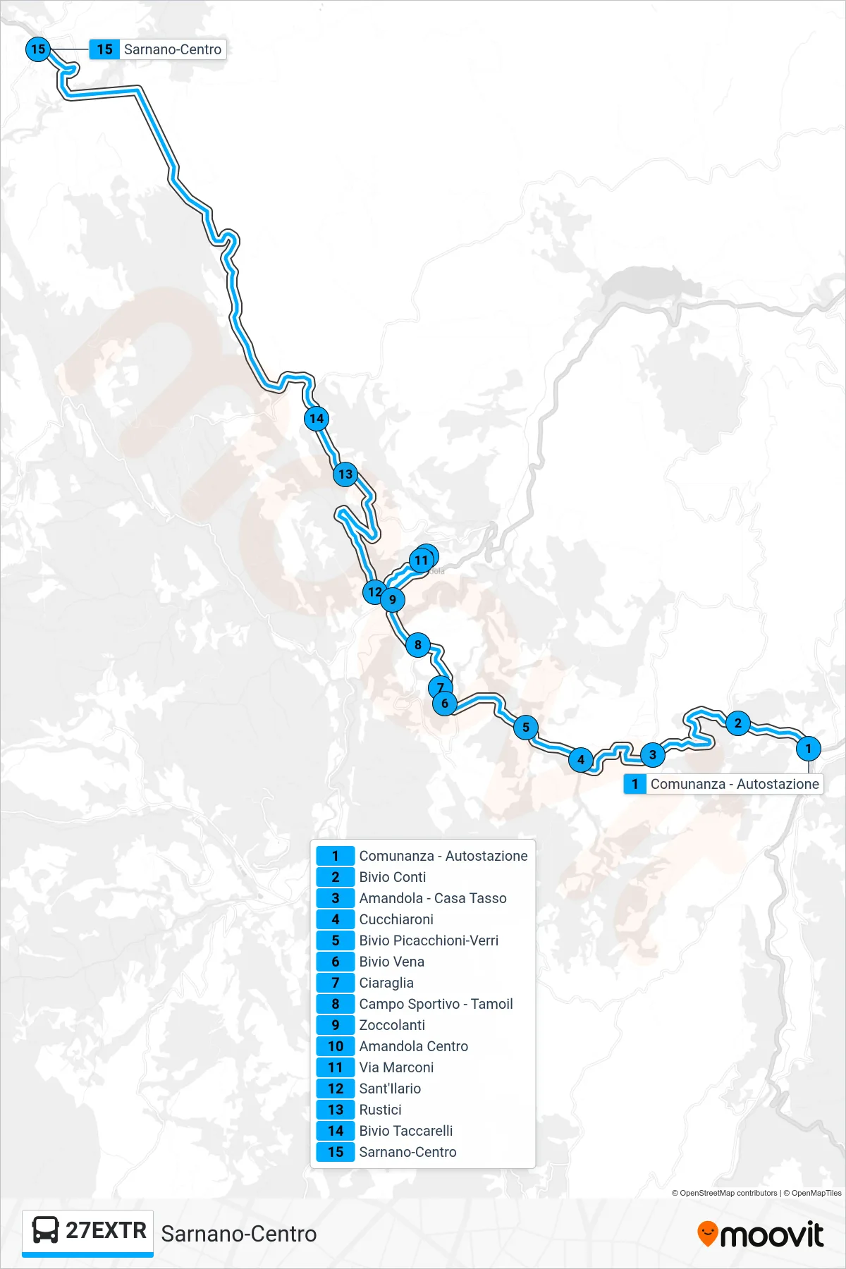 Linea 27EXTR  bus (Sarnano-Centro) - Percorsi e fermate sulla mappa