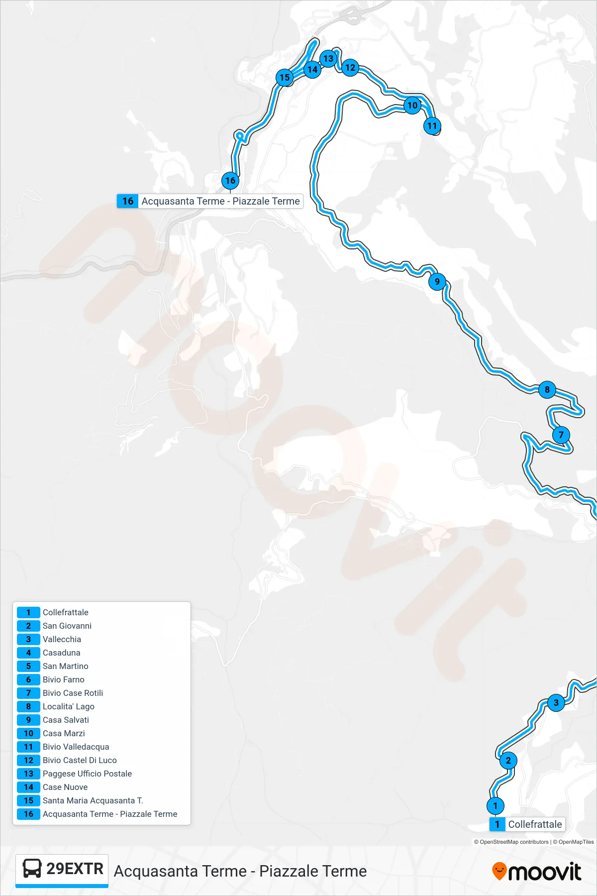 Linea 29EXTR bus (Acquasanta Terme - Piazzale Terme) - Percorsi e fermate sulla mappa