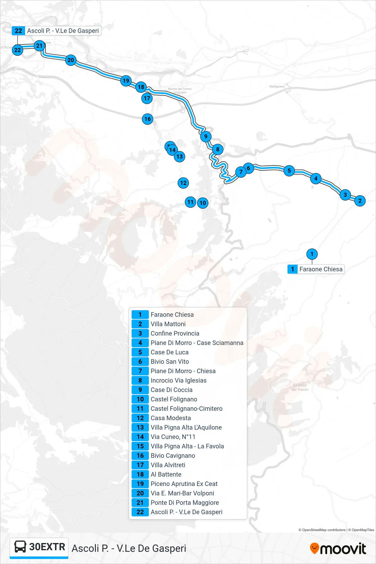 Linea 30EXTR bus (Ascoli P. - V.Le De Gasperi) - Percorsi e fermate sulla mappa