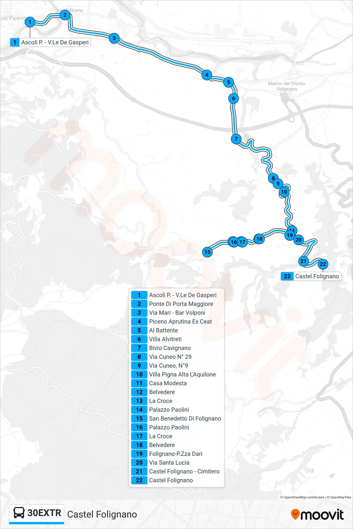 Linea 30EXTR  bus (Castel Folignano) - Percorsi e fermate sulla mappa