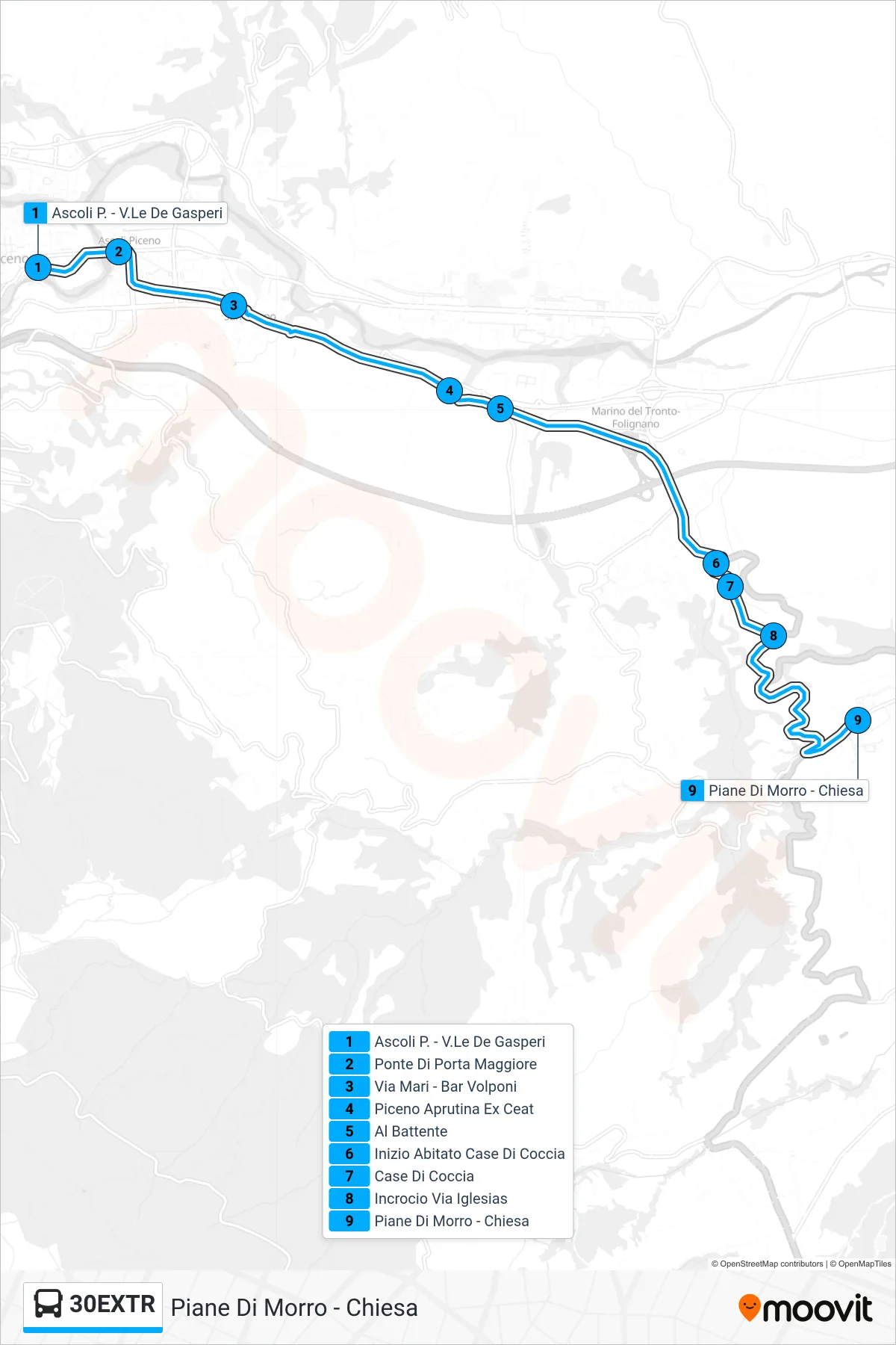 Linea 30EXTR  bus (Piane Di Morro - Chiesa) - Percorsi e fermate sulla mappa