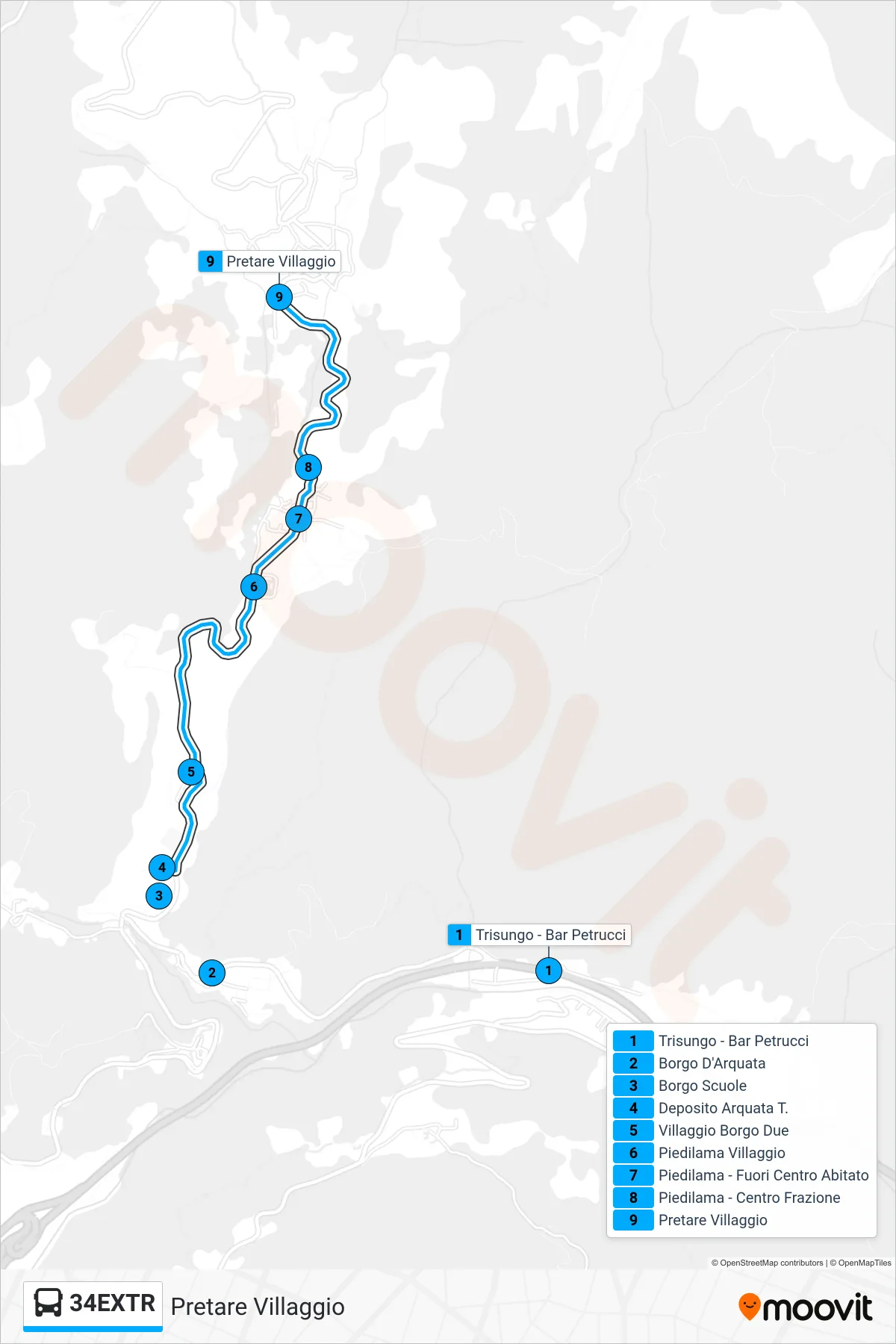 Linea 34EXTR  bus (Pretare Villaggio) - Percorsi e fermate sulla mappa