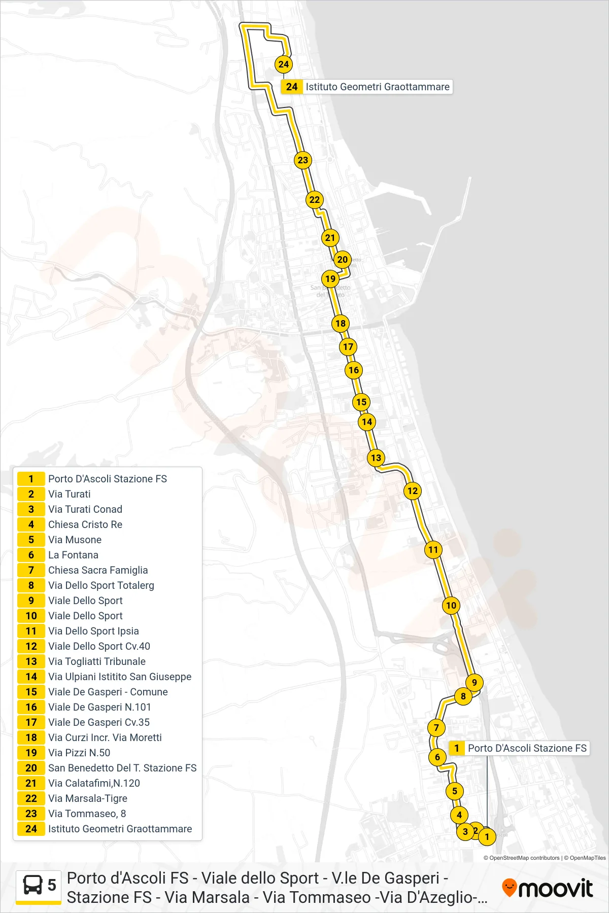 Linea 5 bus (Istituto Geometri Graottammare) - Percorsi e fermate sulla mappa