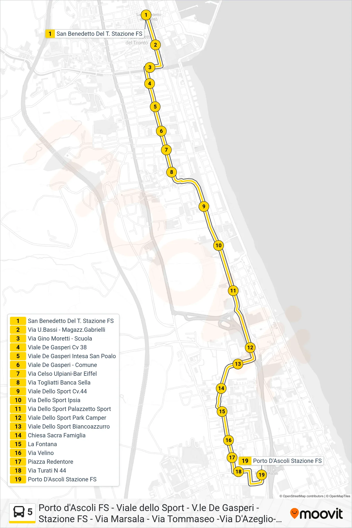 Linea 5  bus (Porto D'Ascoli Stazione FS) - Percorsi e fermate sulla mappa