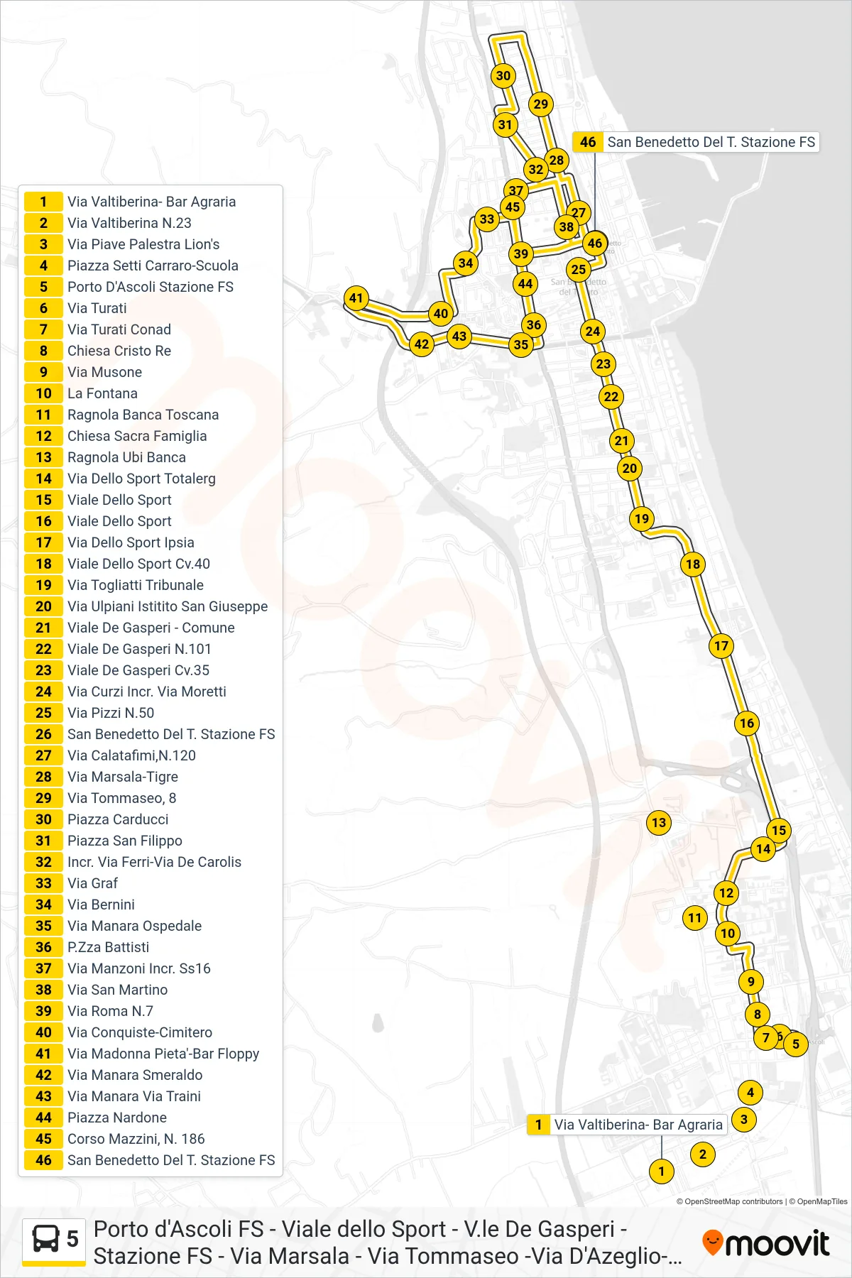 Linea 5  bus (San Benedetto Del T. Stazione FS) - Percorsi e fermate sulla mappa
