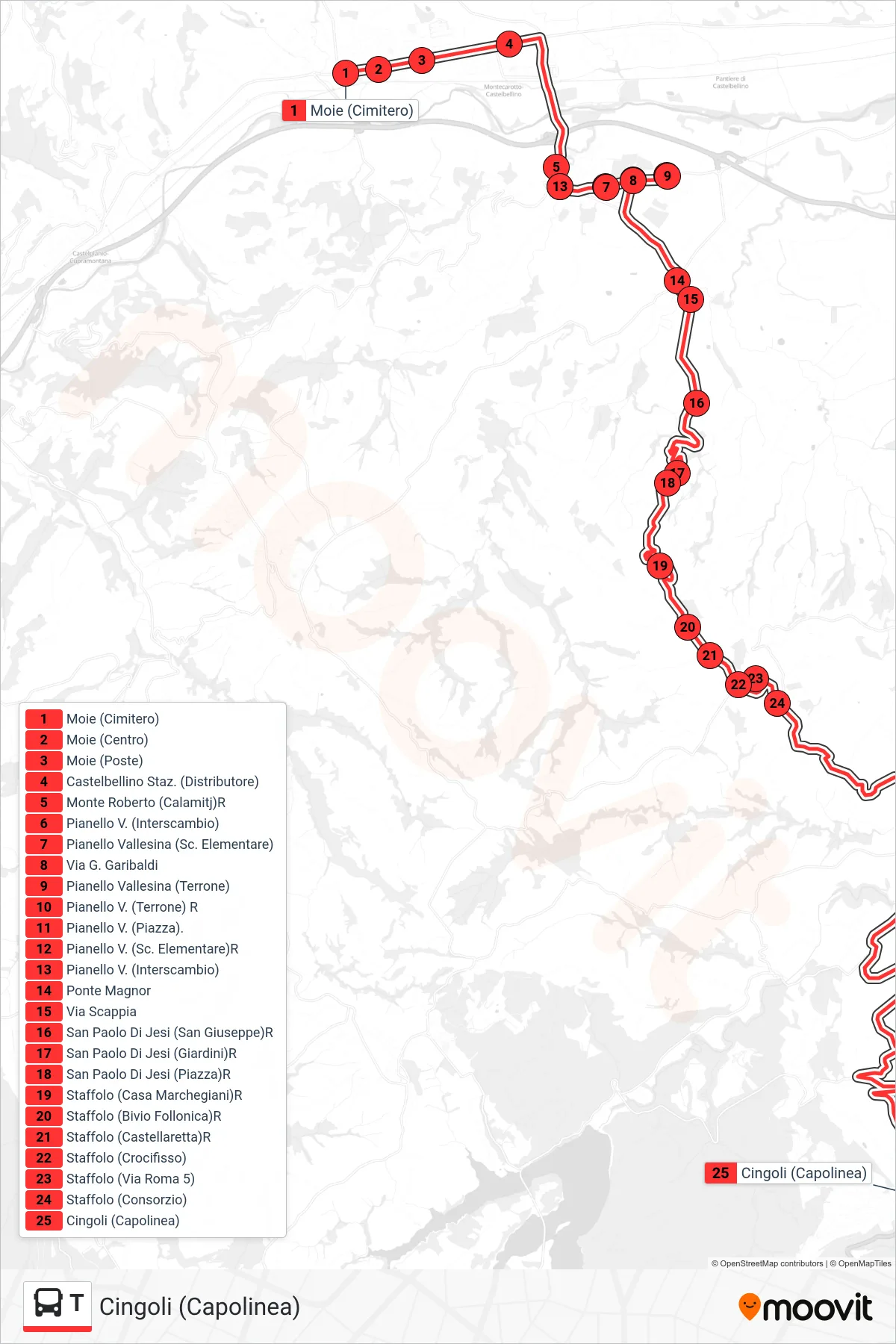 Linea T  bus (Cingoli (Capolinea)) - Percorsi e fermate sulla mappa
