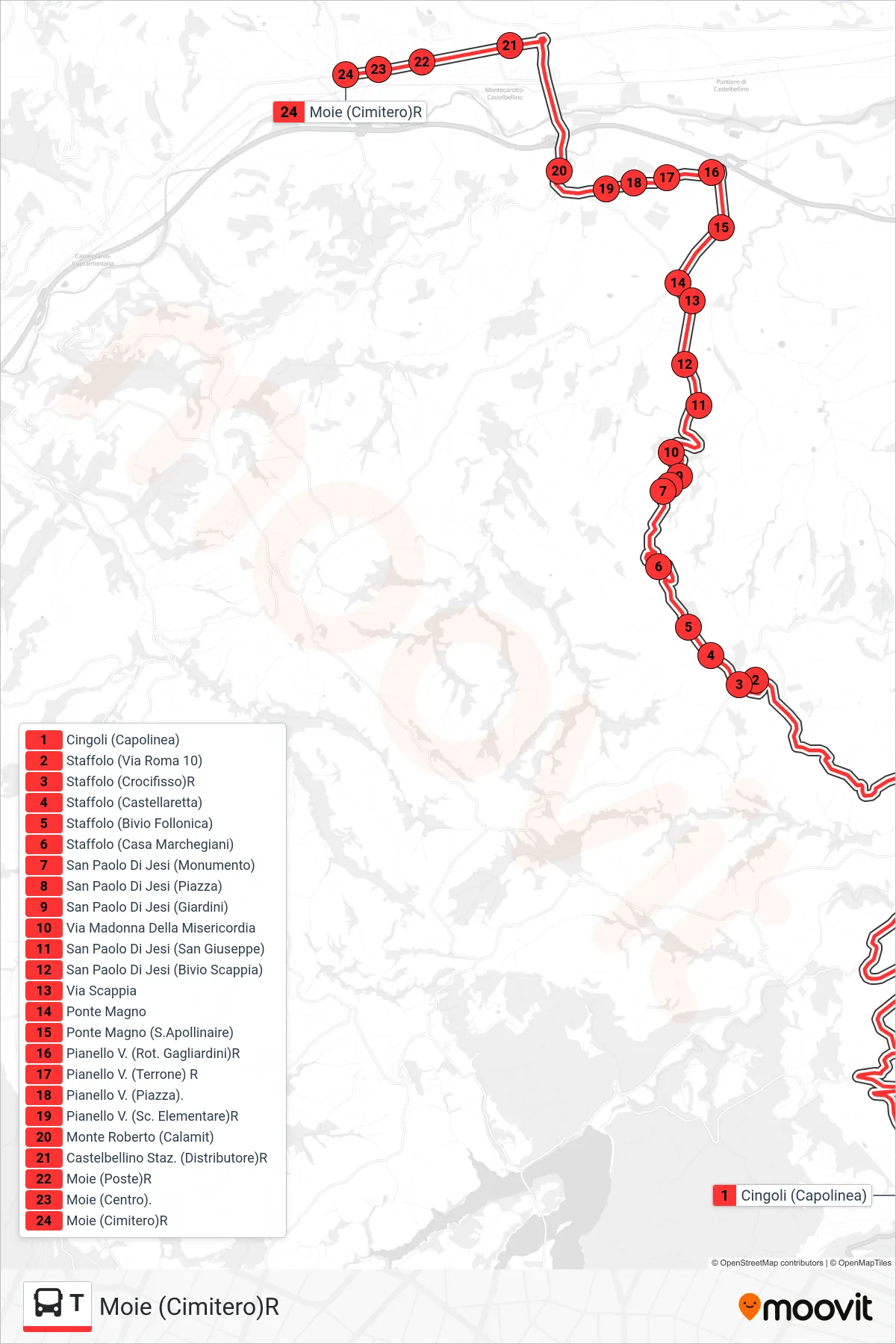Linea T bus (Moie (Cimitero)R) - Percorsi e fermate sulla mappa
