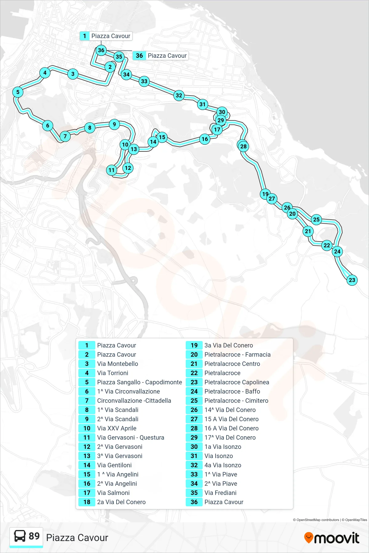 Linea 89  bus (Piazza Cavour) - Percorsi e fermate sulla mappa