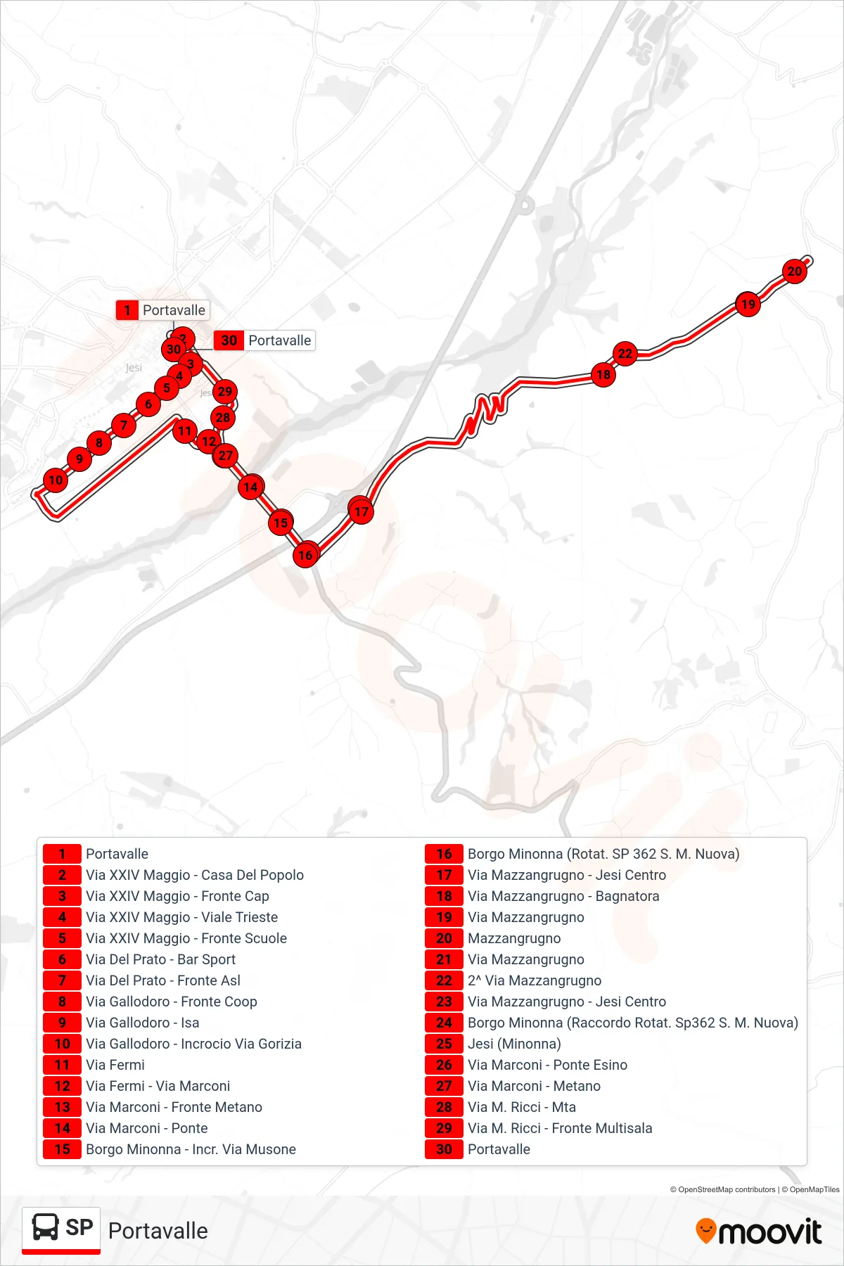 Linea SP  bus (Portavalle) - Percorsi e fermate sulla mappa
