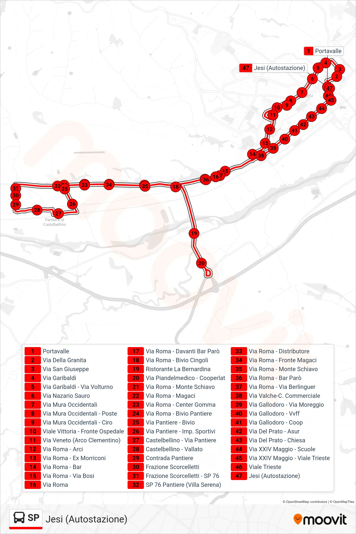 Linea SP bus (Jesi (Autostazione)) - Percorsi e fermate sulla mappa