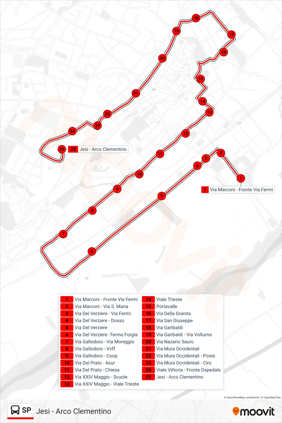 Linea SP bus (Jesi - Arco Clementino) - Percorsi e fermate sulla mappa