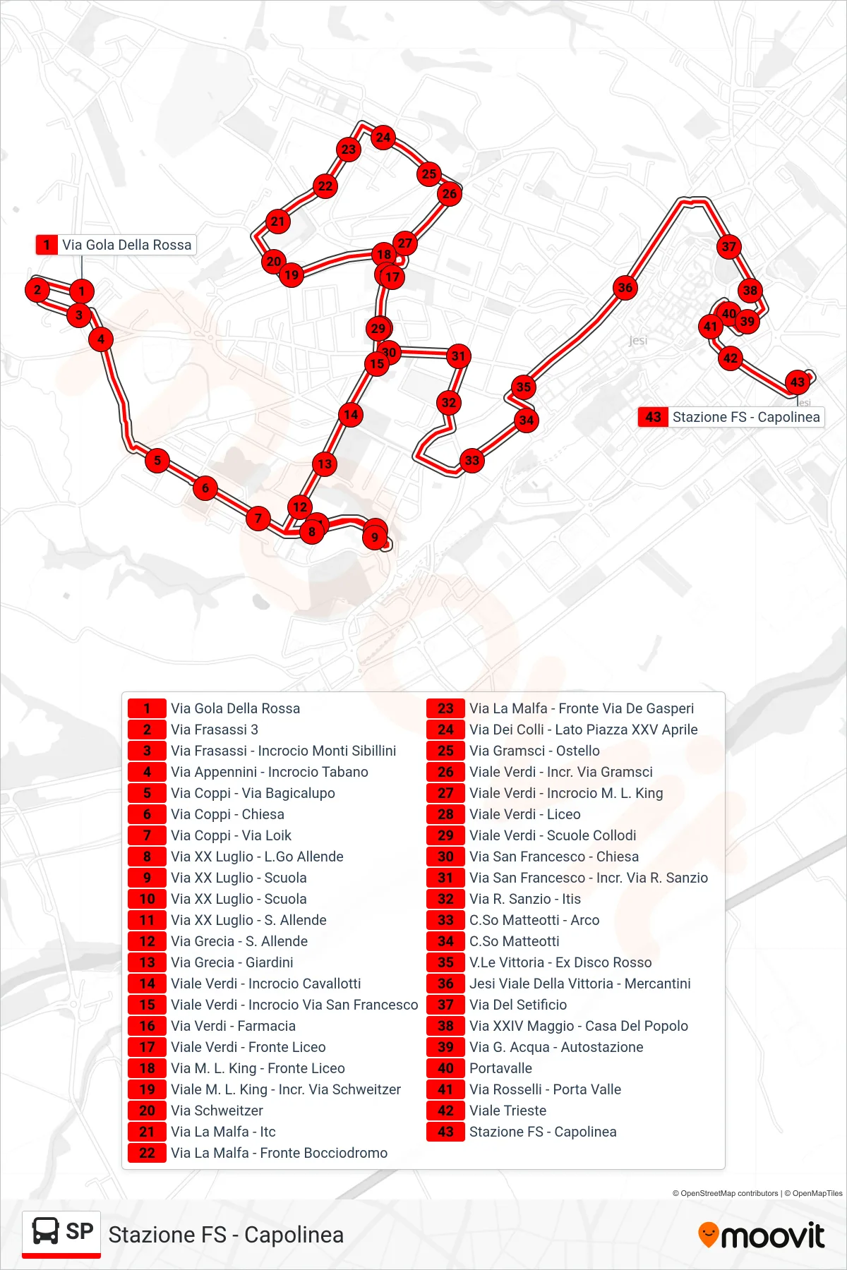 Linea SP  bus (Stazione FS - Capolinea) - Percorsi e fermate sulla mappa