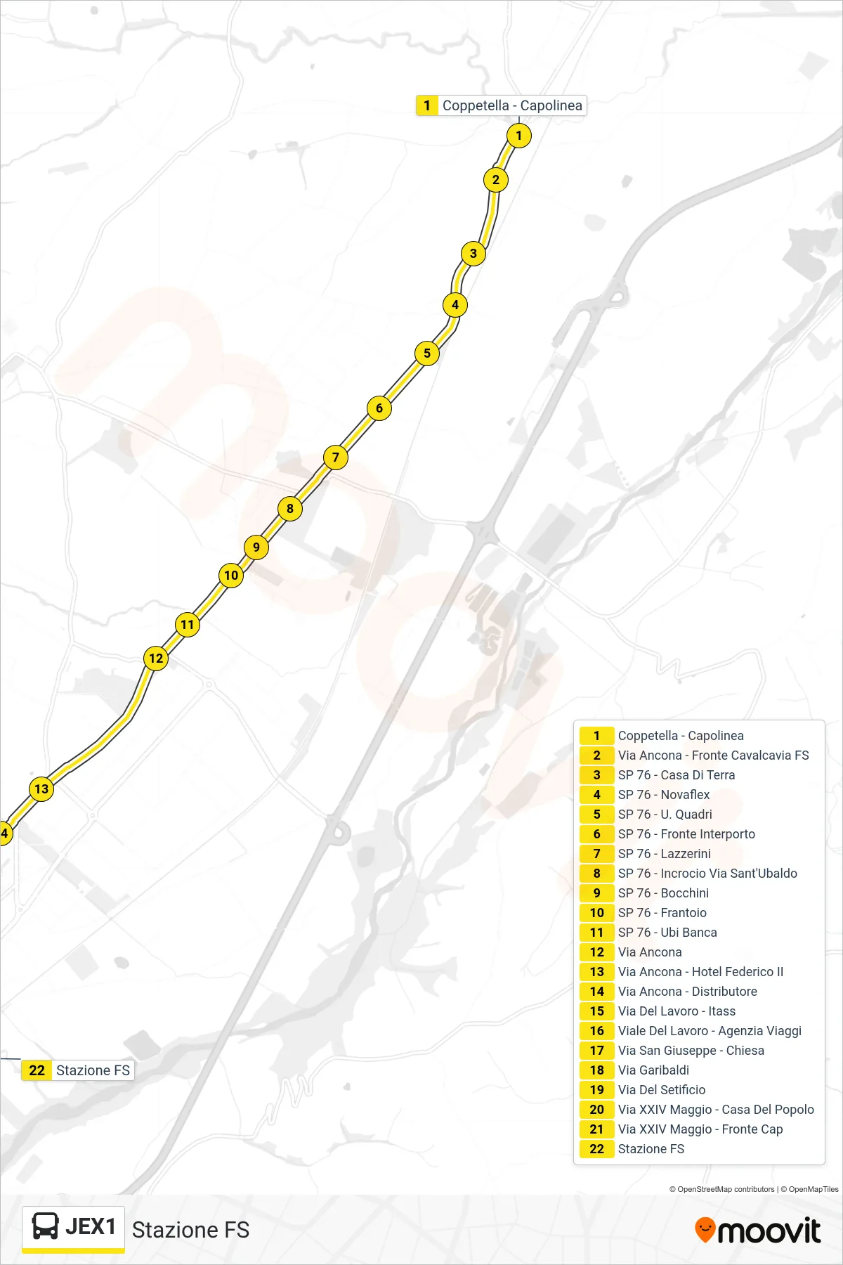 Linea JEX1  bus (Stazione FS) - Percorsi e fermate sulla mappa