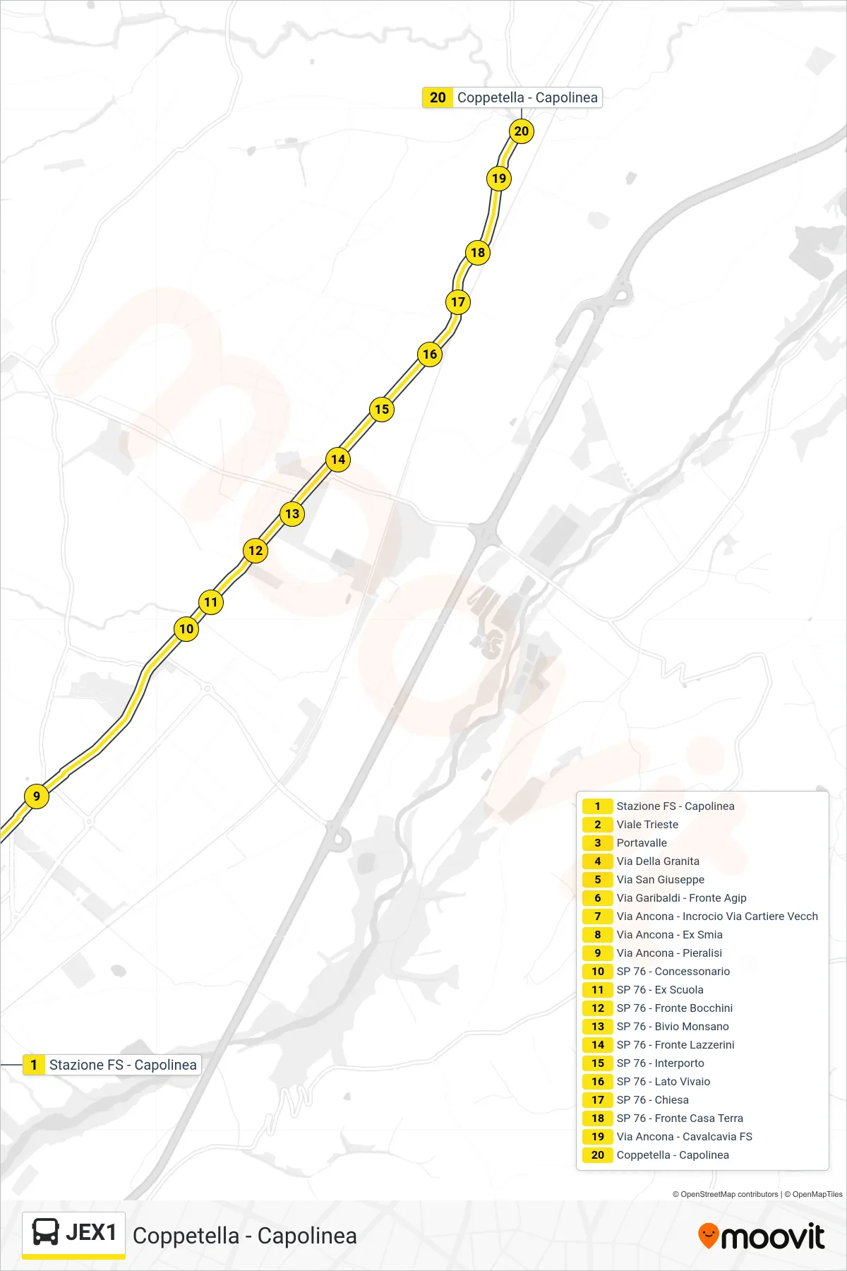 Linea JEX1 bus (Coppetella - Capolinea) - Percorsi e fermate sulla mappa