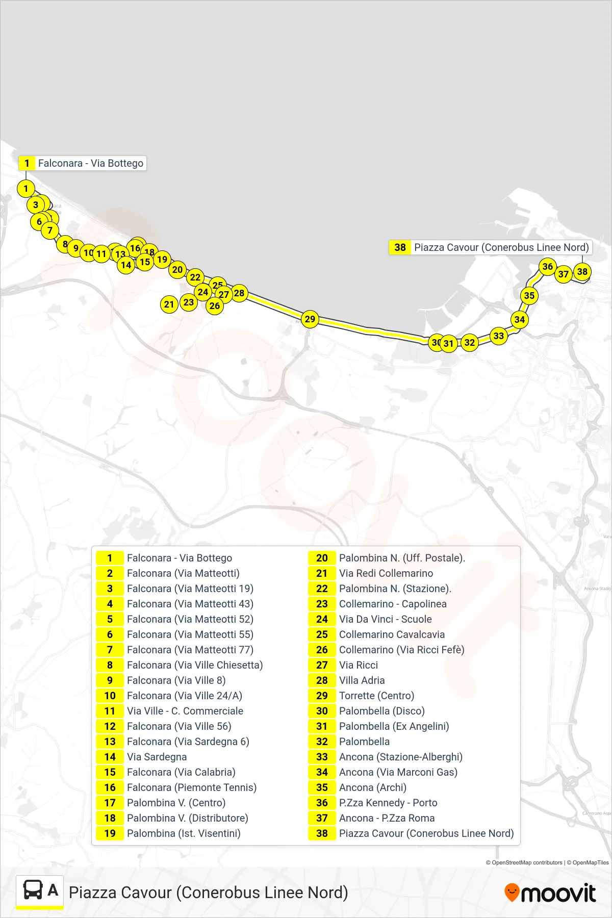 Linea A  bus (Piazza Cavour (Conerobus Linee Nord)) - Percorsi e fermate sulla mappa