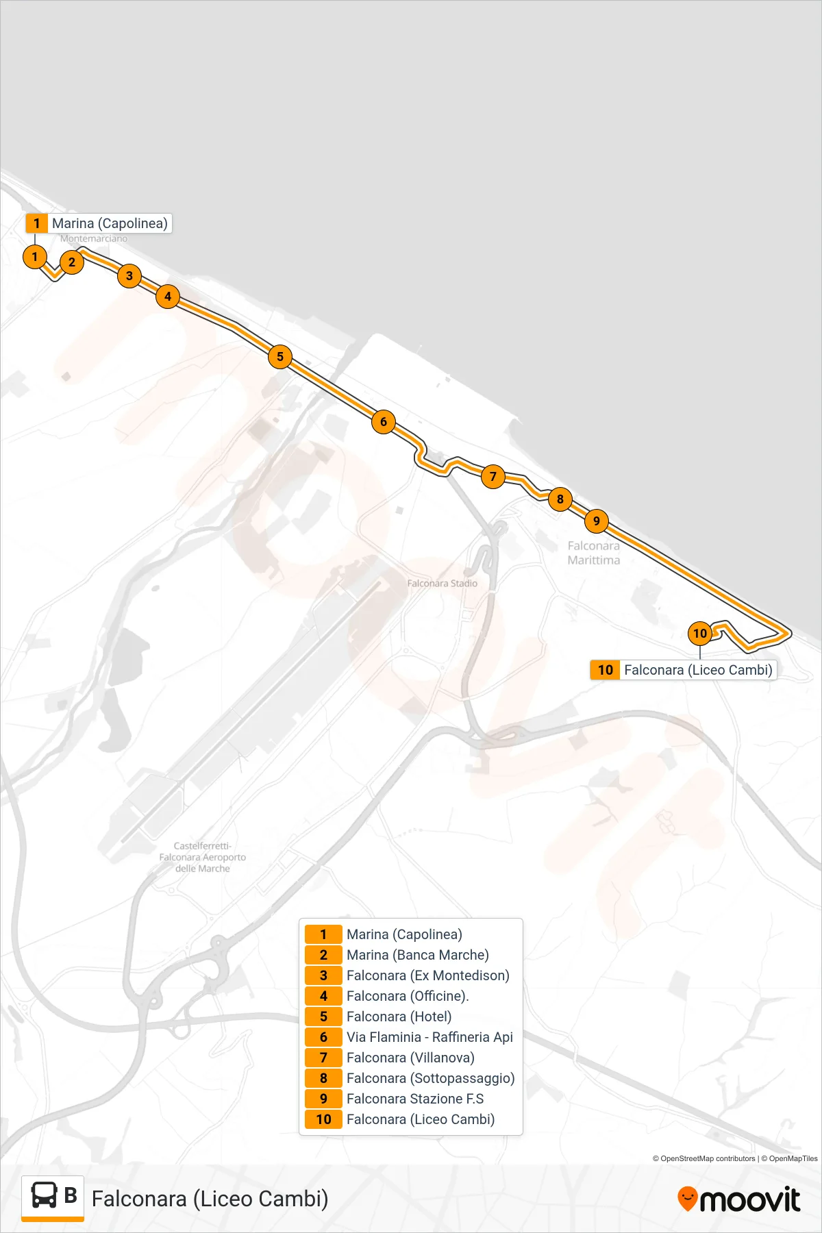 Linea B bus (Falconara (Liceo Cambi)) - Percorsi e fermate sulla mappa