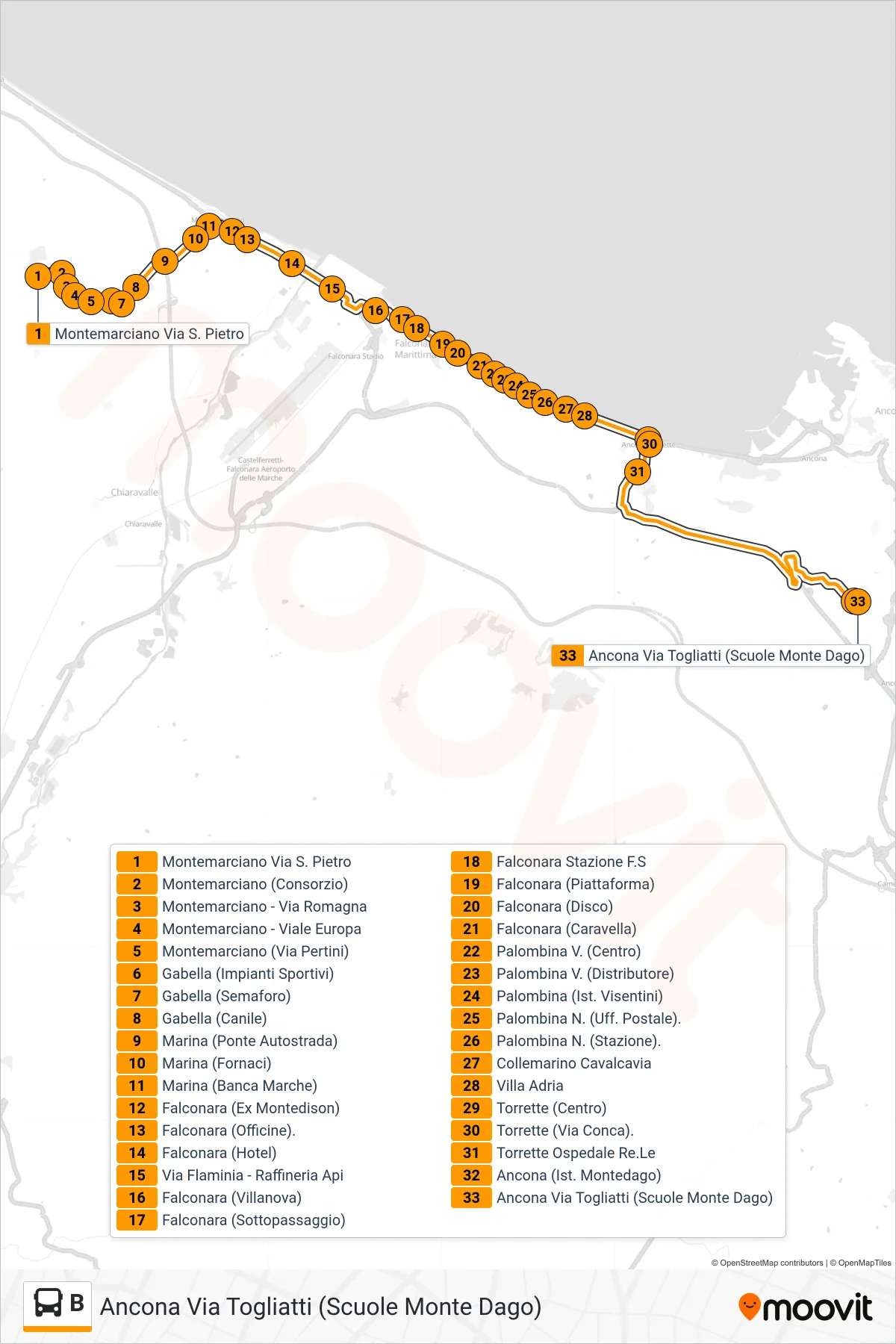 Linea B bus (Ancona Via Togliatti (Scuole Monte Dago)) - Percorsi e fermate sulla mappa