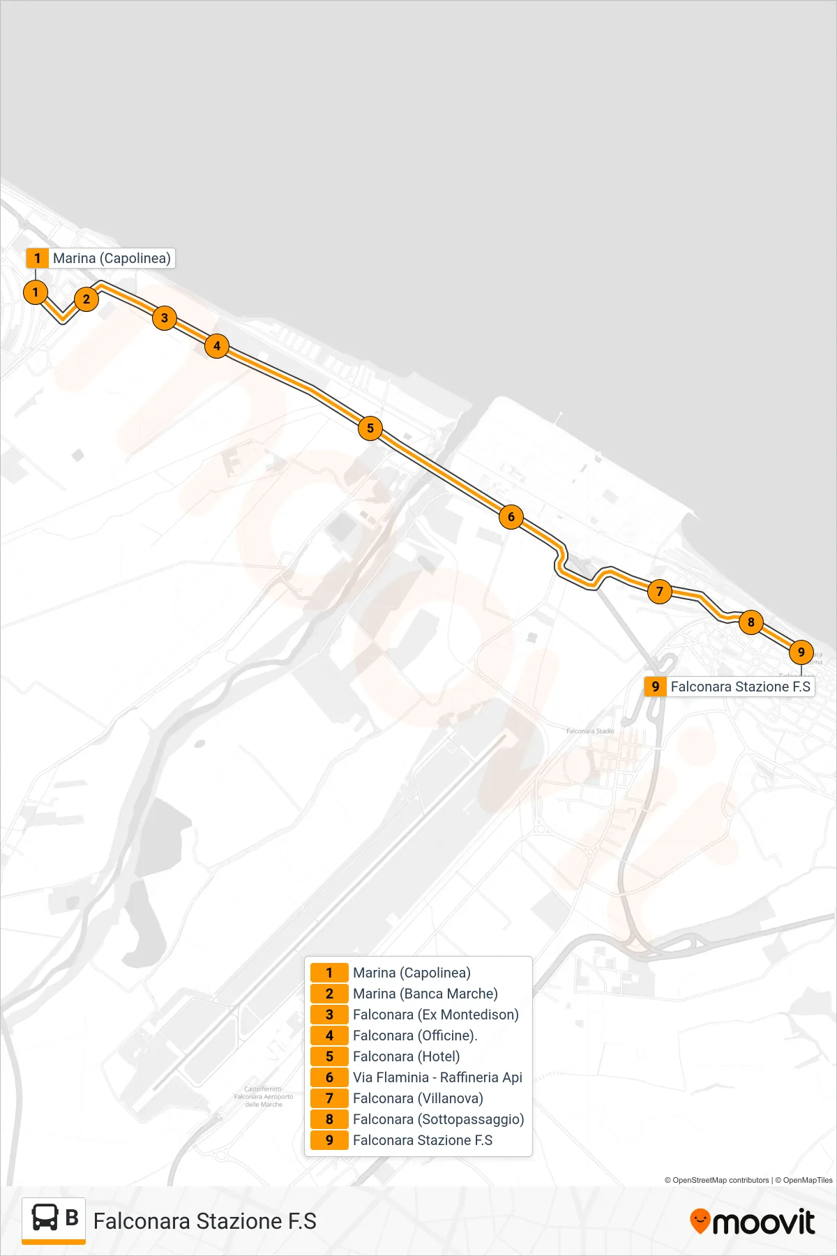 Linea B bus (Falconara Stazione F.S) - Percorsi e fermate sulla mappa