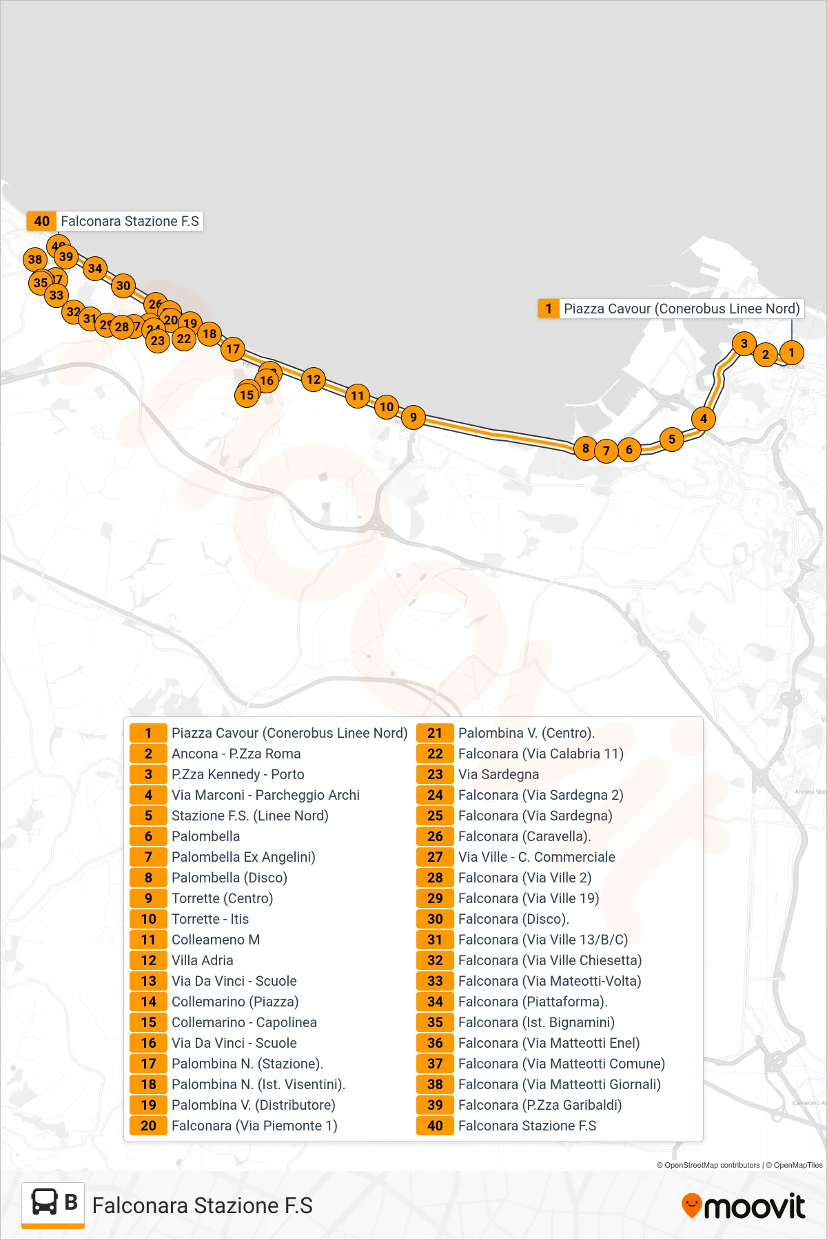 Linea B bus (Falconara Stazione F.S) - Percorsi e fermate sulla mappa
