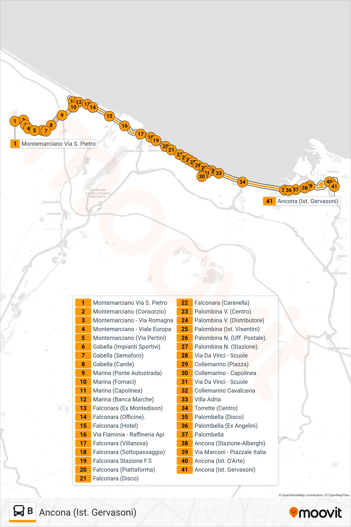 Linea B bus (Ancona (Ist. Gervasoni)) - Percorsi e fermate sulla mappa