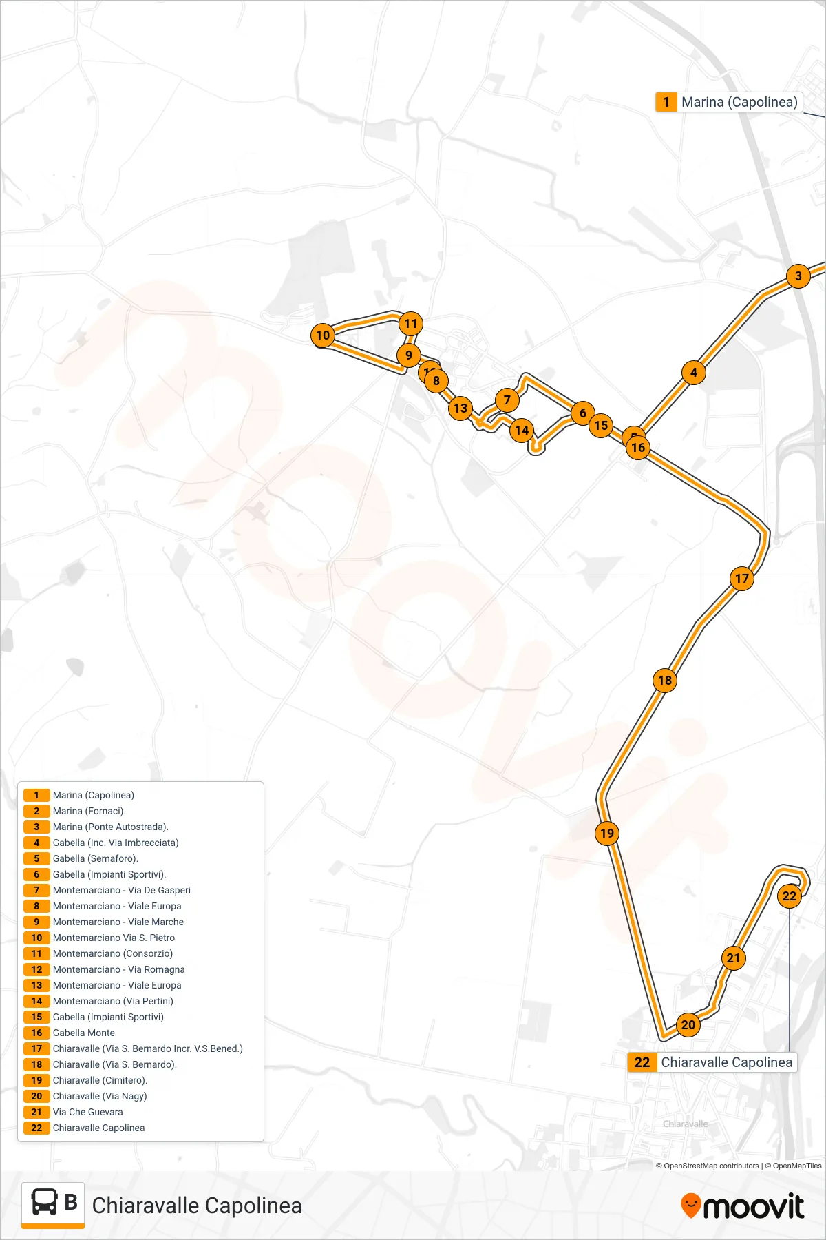 Linea B bus (Chiaravalle Capolinea) - Percorsi e fermate sulla mappa