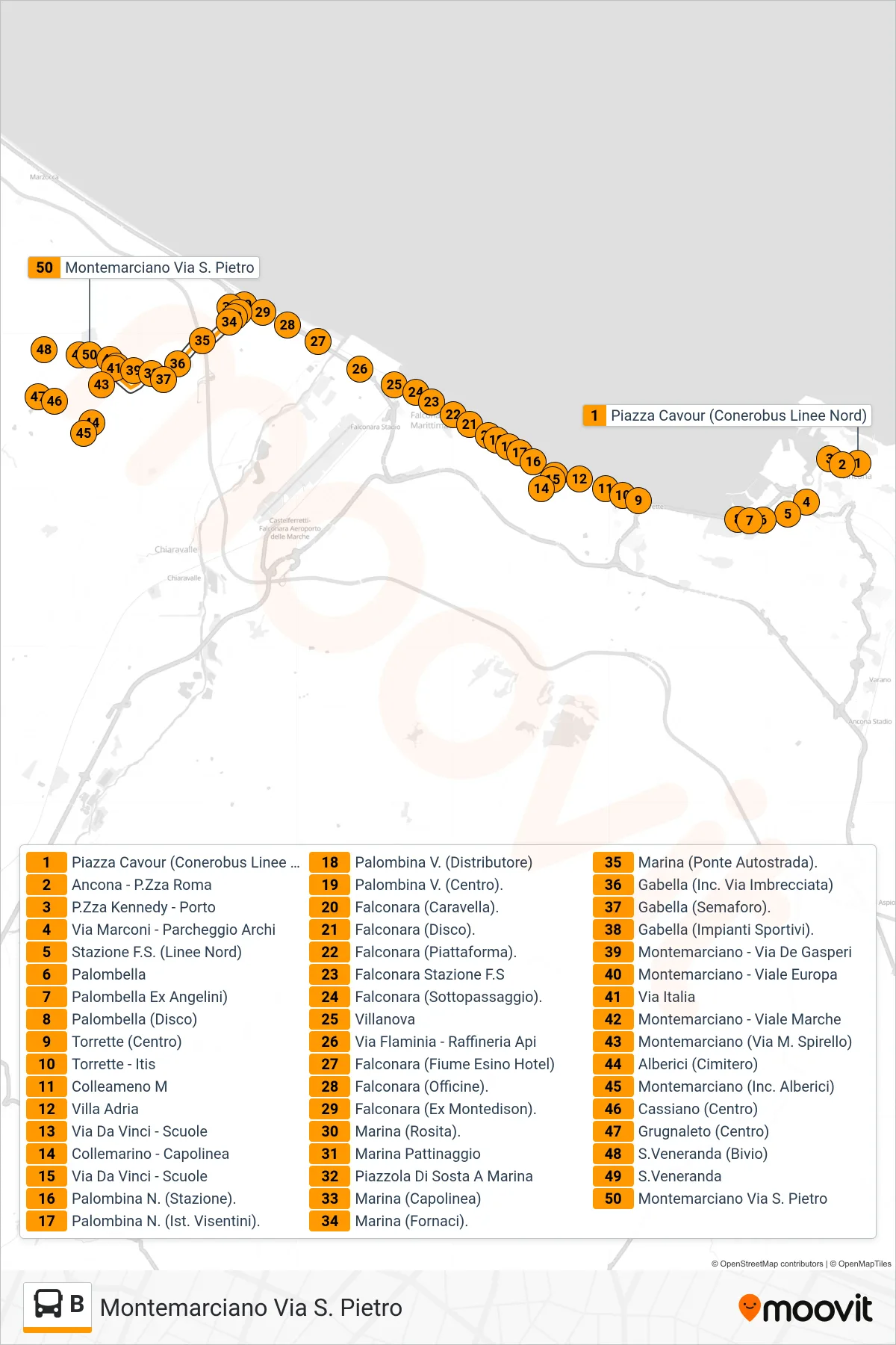 Linea B bus (Montemarciano Via S. Pietro) - Percorsi e fermate sulla mappa