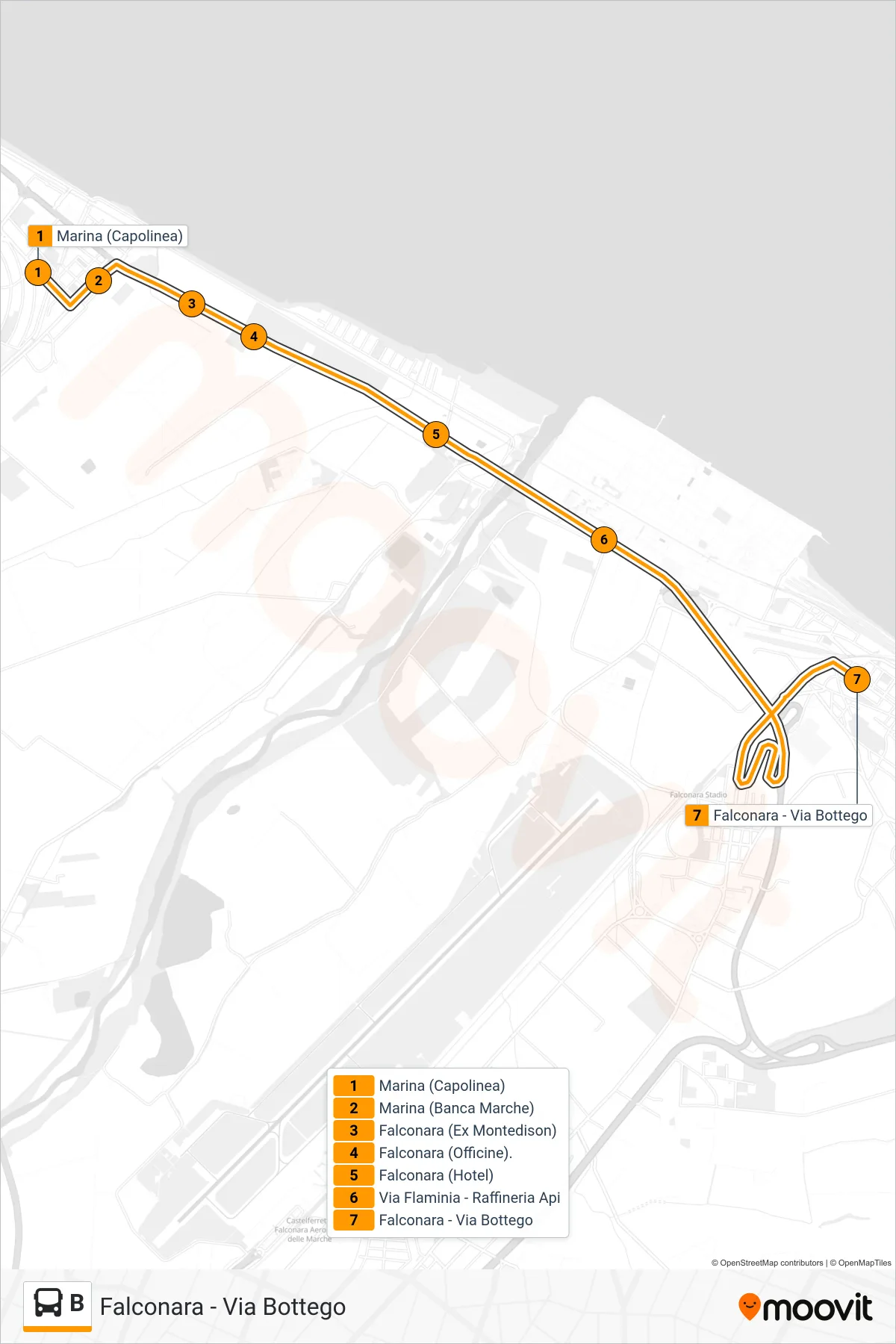 Linea B bus (Falconara - Via Bottego) - Percorsi e fermate sulla mappa