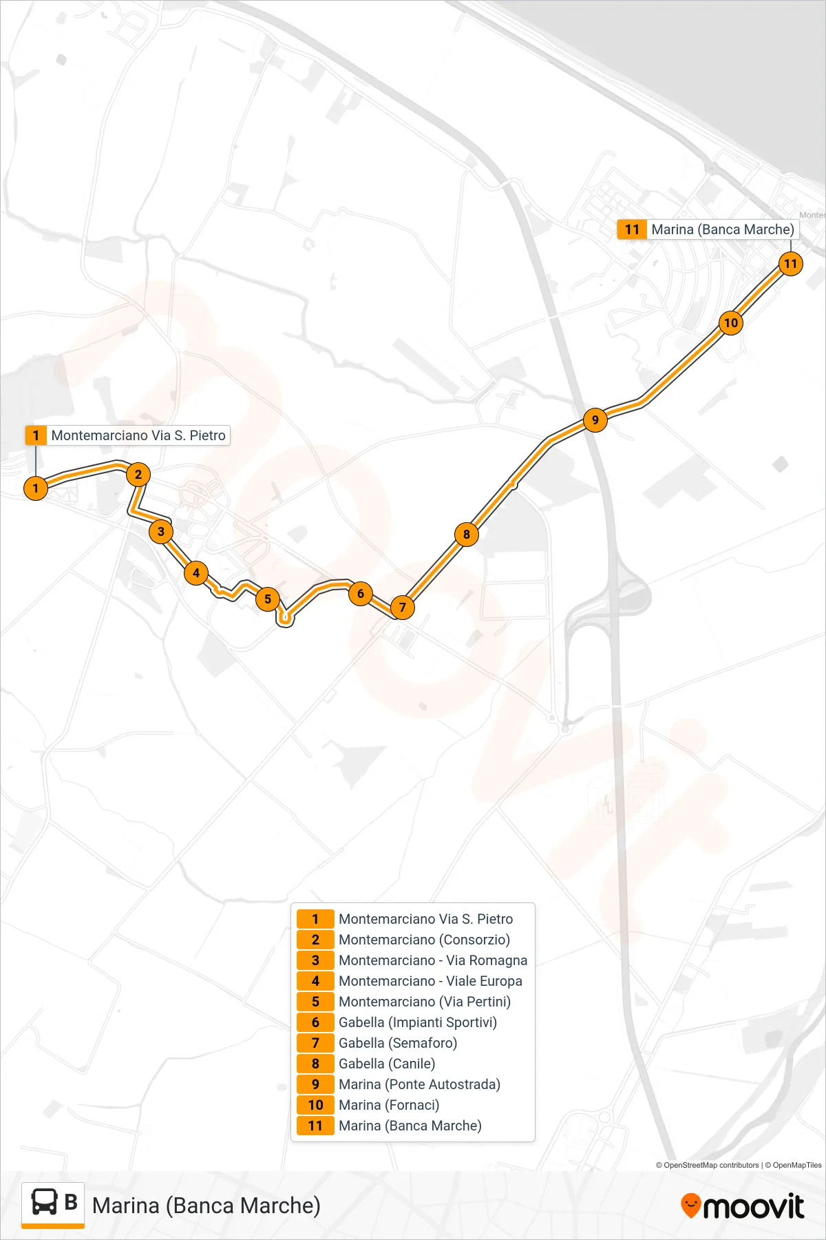 Linea B bus (Marina (Banca Marche)) - Percorsi e fermate sulla mappa