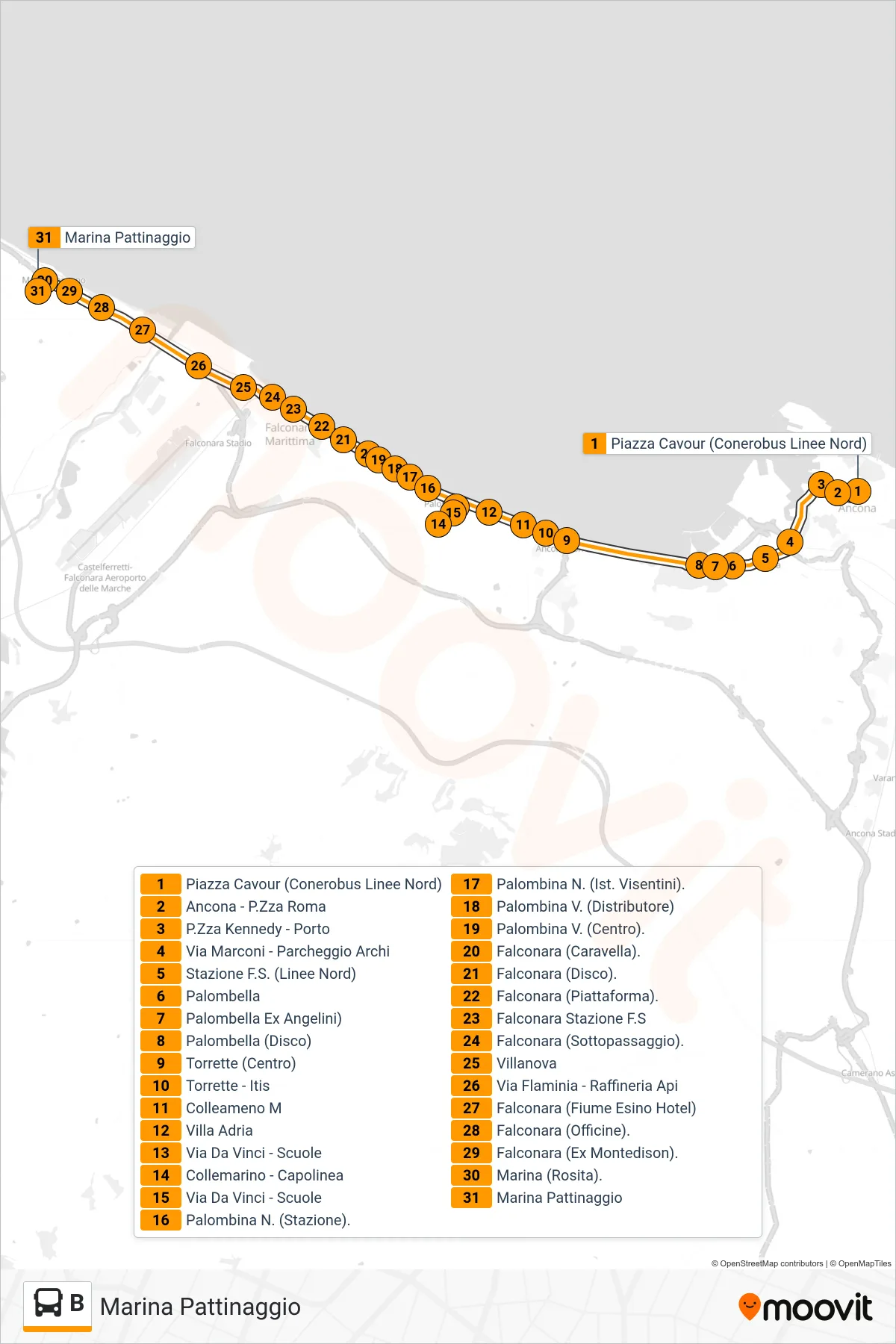 Linea B  bus (Marina  Pattinaggio) - Percorsi e fermate sulla mappa