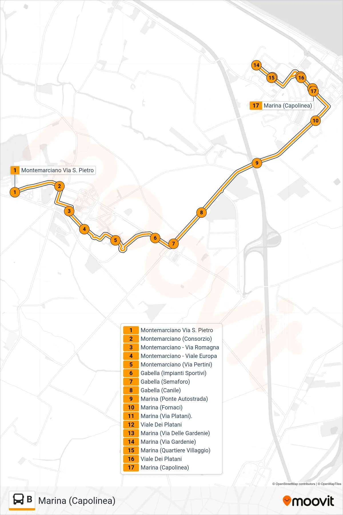 Linea B  bus (Marina (Capolinea)) - Percorsi e fermate sulla mappa