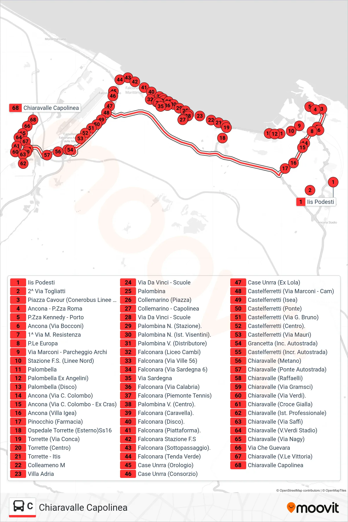 Linea C bus (Chiaravalle Capolinea) - Percorsi e fermate sulla mappa